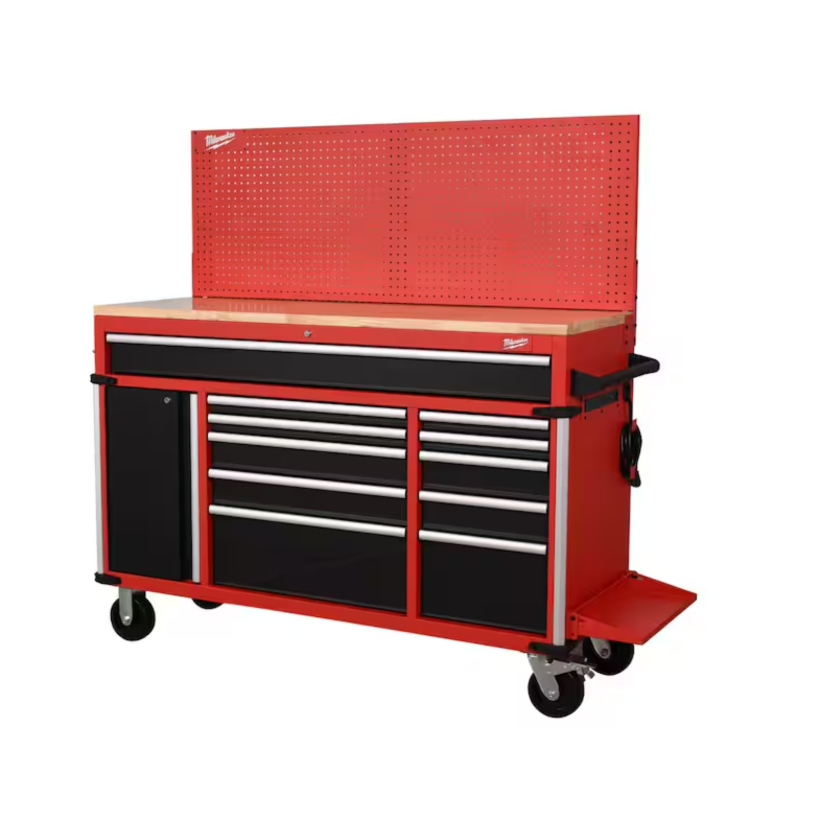DALLAS LOCATION - Milwaukee High Capacity 61 in. W x 22.1 in D 11-Drawer Mobile Workbench Cabinet with Solid Wood Top and Pegboard