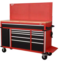 DALLAS LOCATION - Milwaukee High Capacity 61 in. W x 22.1 in D 11-Drawer Mobile Workbench Cabinet with Solid Wood Top and Pegboard