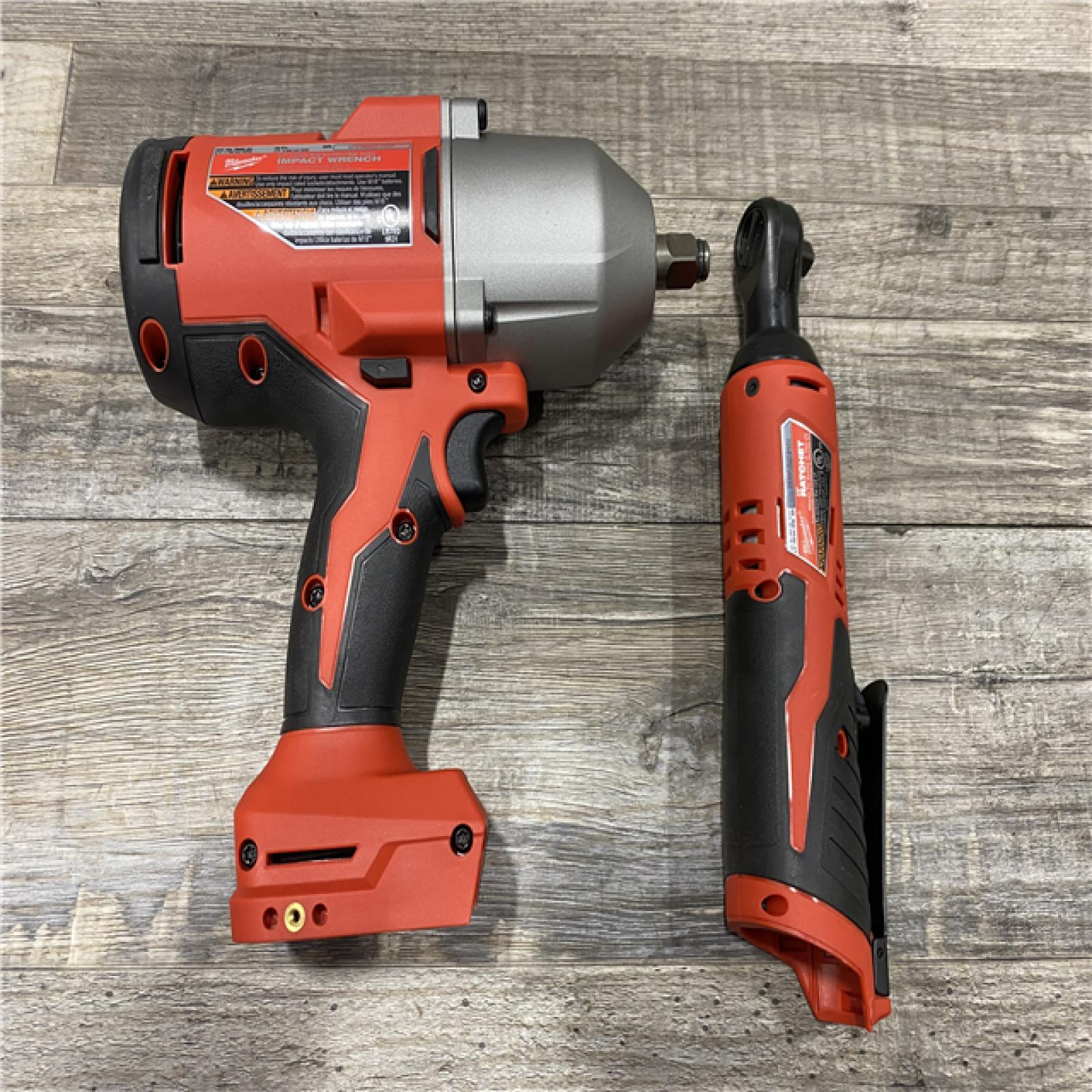 AS-IS Milwaukee 12/18V Lithium-Ion Cordless 3/8 in. Ratchet and 1/2 in. High Torque Impact Wrench with Friction Ring Combo Kit