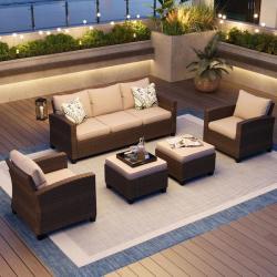 Phoenix NEW PHI VILLA Brown Rattan Wicker 7 Seat 5-Piece Steel Patio Outdoor Sectional Set with Beige Cushions and 2 Ottomans