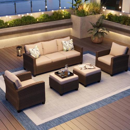 Phoenix NEW PHI VILLA Brown Rattan Wicker 7 Seat 5-Piece Steel Patio Outdoor Sectional Set with Beige Cushions and 2 Ottomans