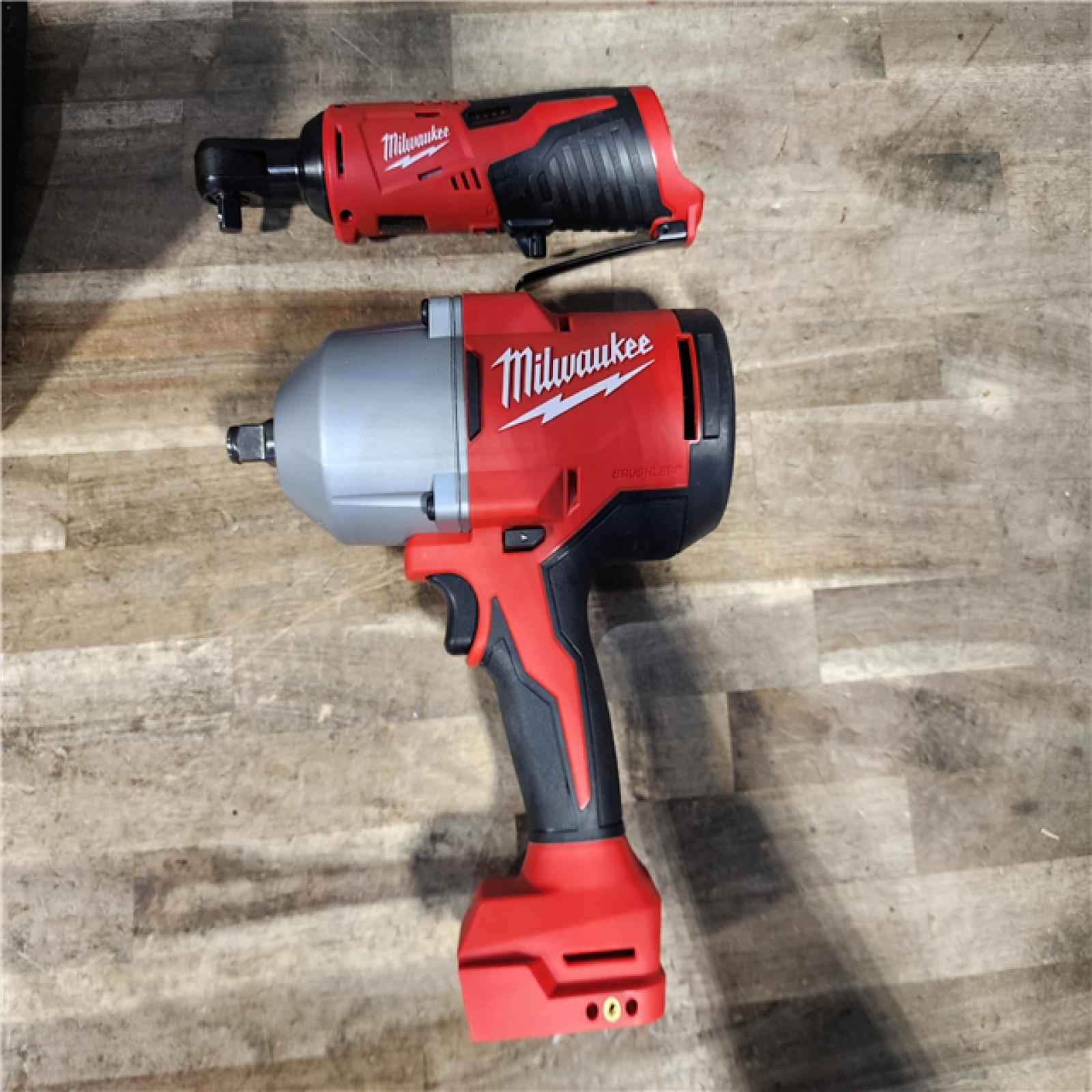 HOUSTON LOCATION - AS-IS Milwaukee 12/18V Lithium-Ion Cordless 3/8 in. Ratchet and 1/2 in. High Torque Impact Wrench with Friction Ring Combo Kit