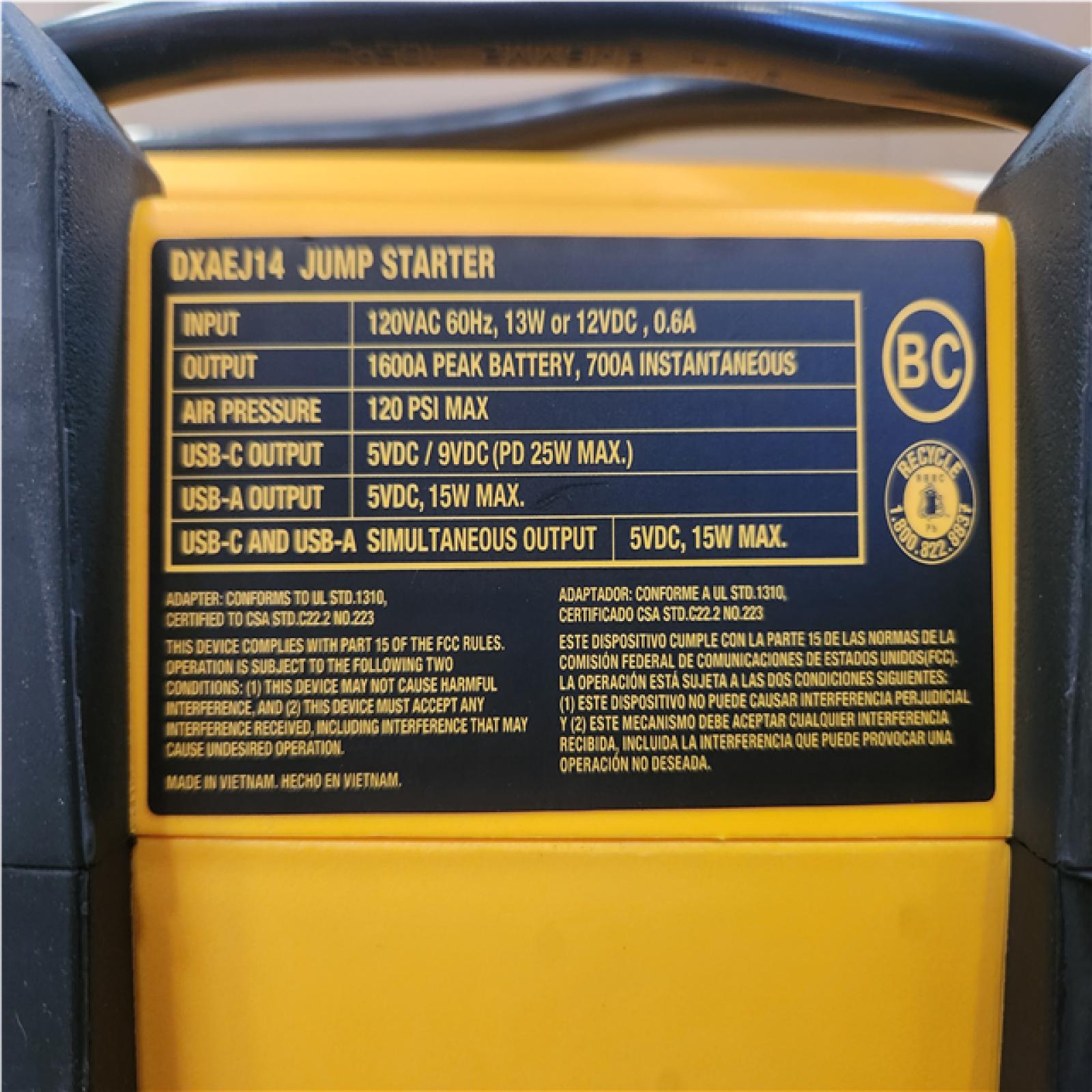 Phoenix NEW DEWALT 1600-Peak Amp Portable Jump Starter with Digital Compressor and USB Power Bank - DXAEJ14
