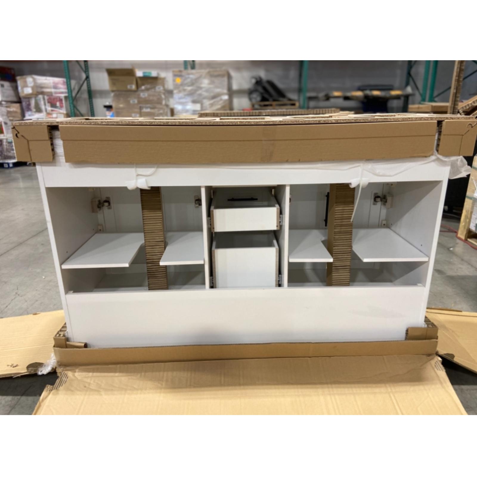 DALLAS LOCATION - Home Decorators Collection Doveton 60 in. Double Sink Freestanding White Bath Vanity with White Engineered Marble Top (Assembled)