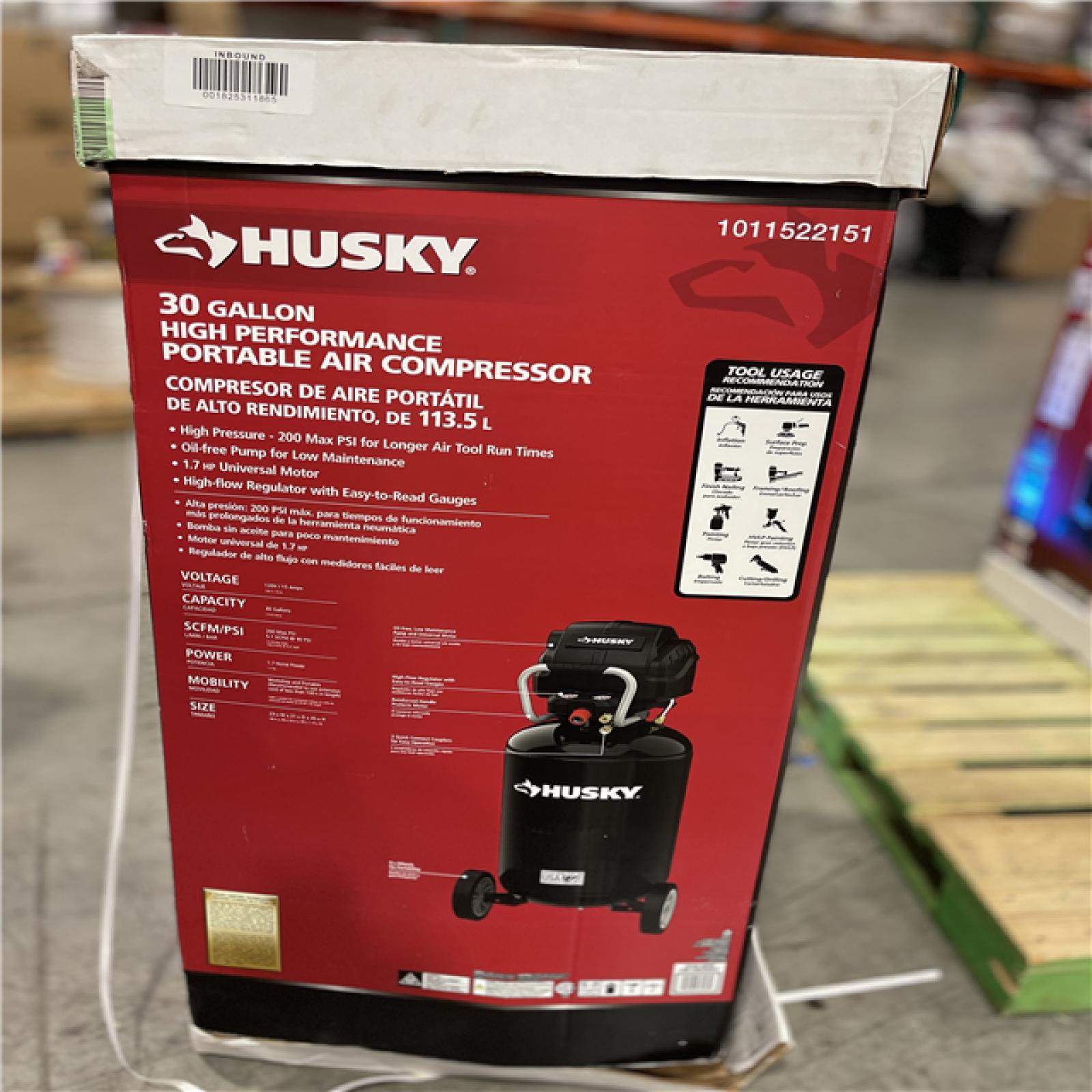 NEW! - Husky 1.7 HP, 200 PSI, 30 Gal., 5.1 SCFM 90 PSI, Single-Stage, Oil Free Portable Vertical Electric Air Compressor