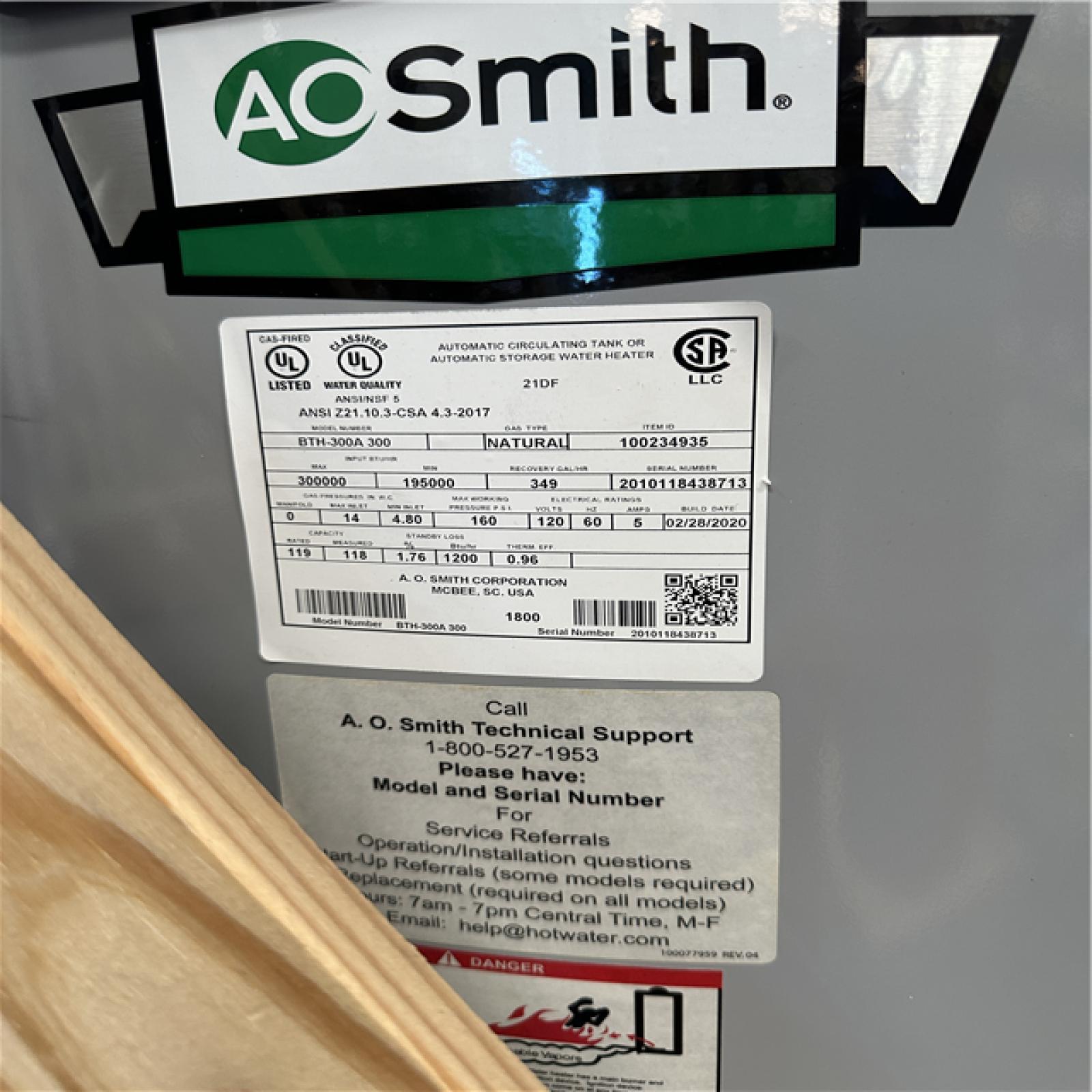 California AS-IS AO Smith Cyclone Mxi Commercial Gas Water Heater Model # BTH-300A 300
