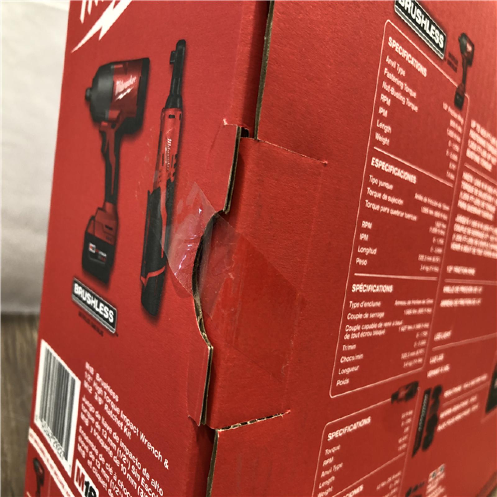 NEW-Milwaukee 12/18V Lithium-Ion Cordless 3/8 in. Ratchet and 1/2 in. High Torque Impact Wrench with Friction Ring Combo Kit