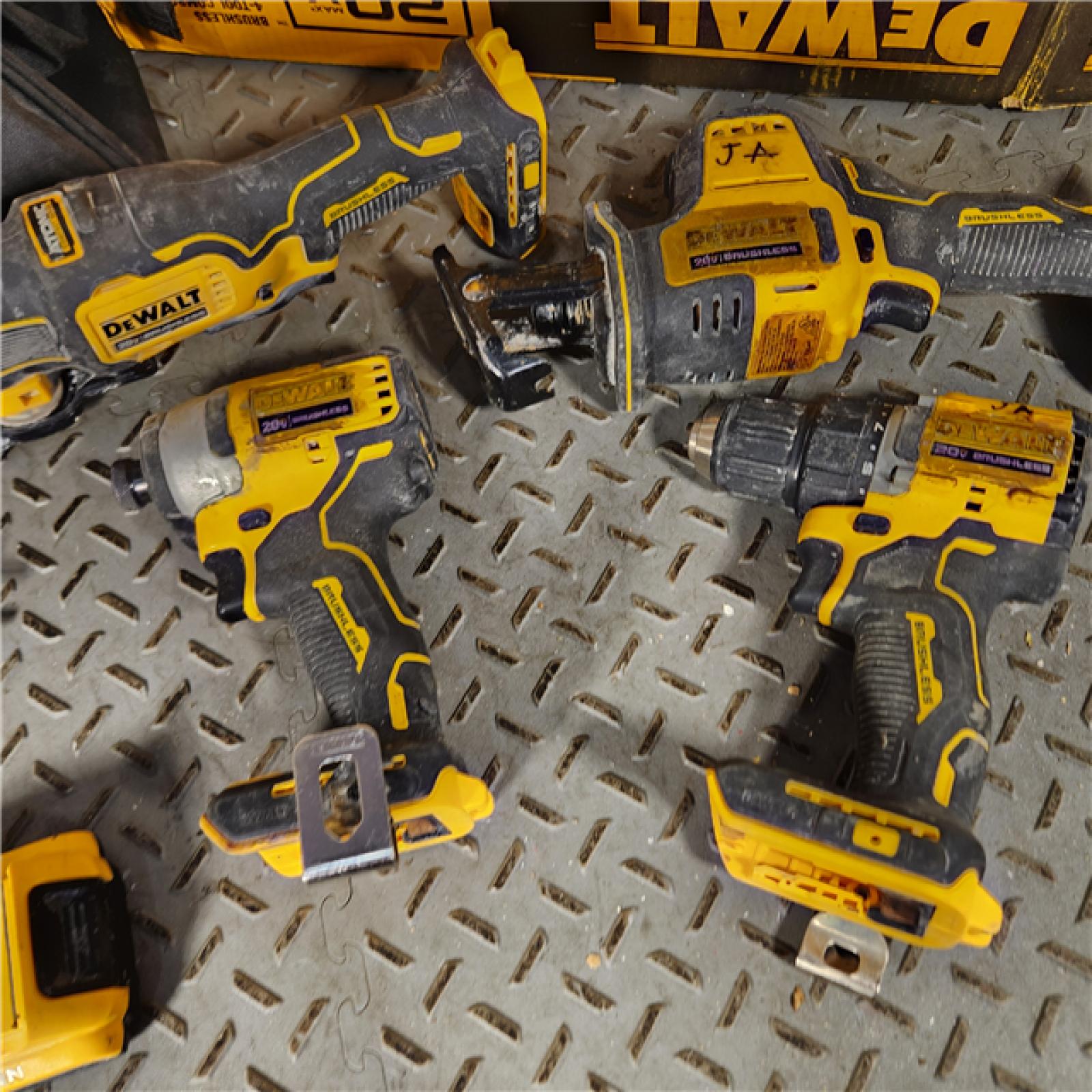 Houston Location - AS-IS DEWALT ATOMIC 20-Volt Lithium-Ion Cordless Brushless Combo Kit (4-Tool) with (2) 2.0Ah Batteries, Charger and Bag - Appears IN USED Condition