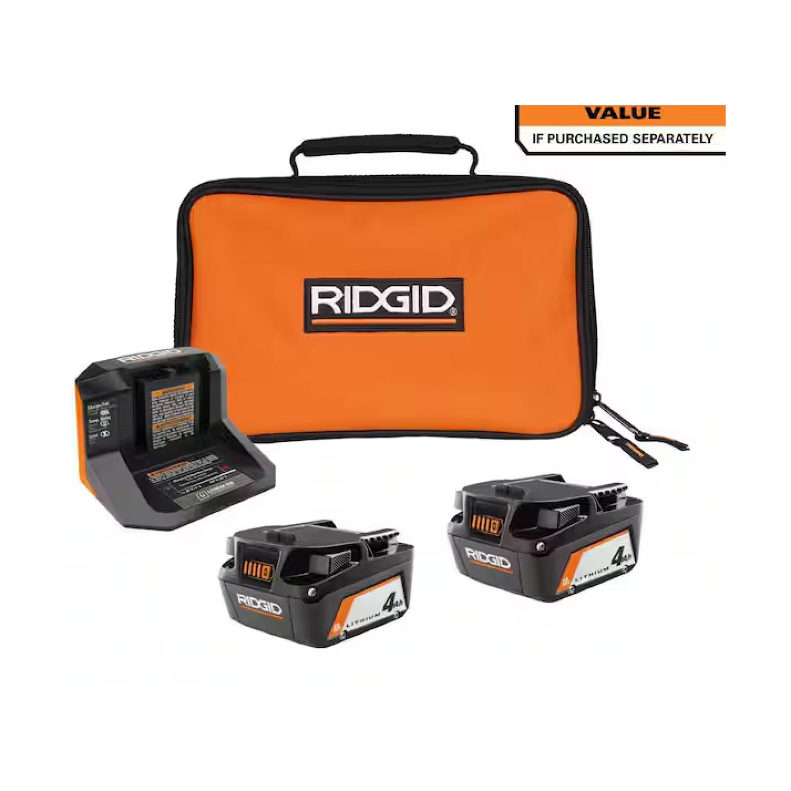 NEW! - RIDGID 18V Lithium-Ion (2) 4.0 Ah Battery Starter Kit with Charger and Bag