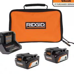 NEW! - RIDGID 18V Lithium-Ion (2) 4.0 Ah Battery Starter Kit with Charger and Bag