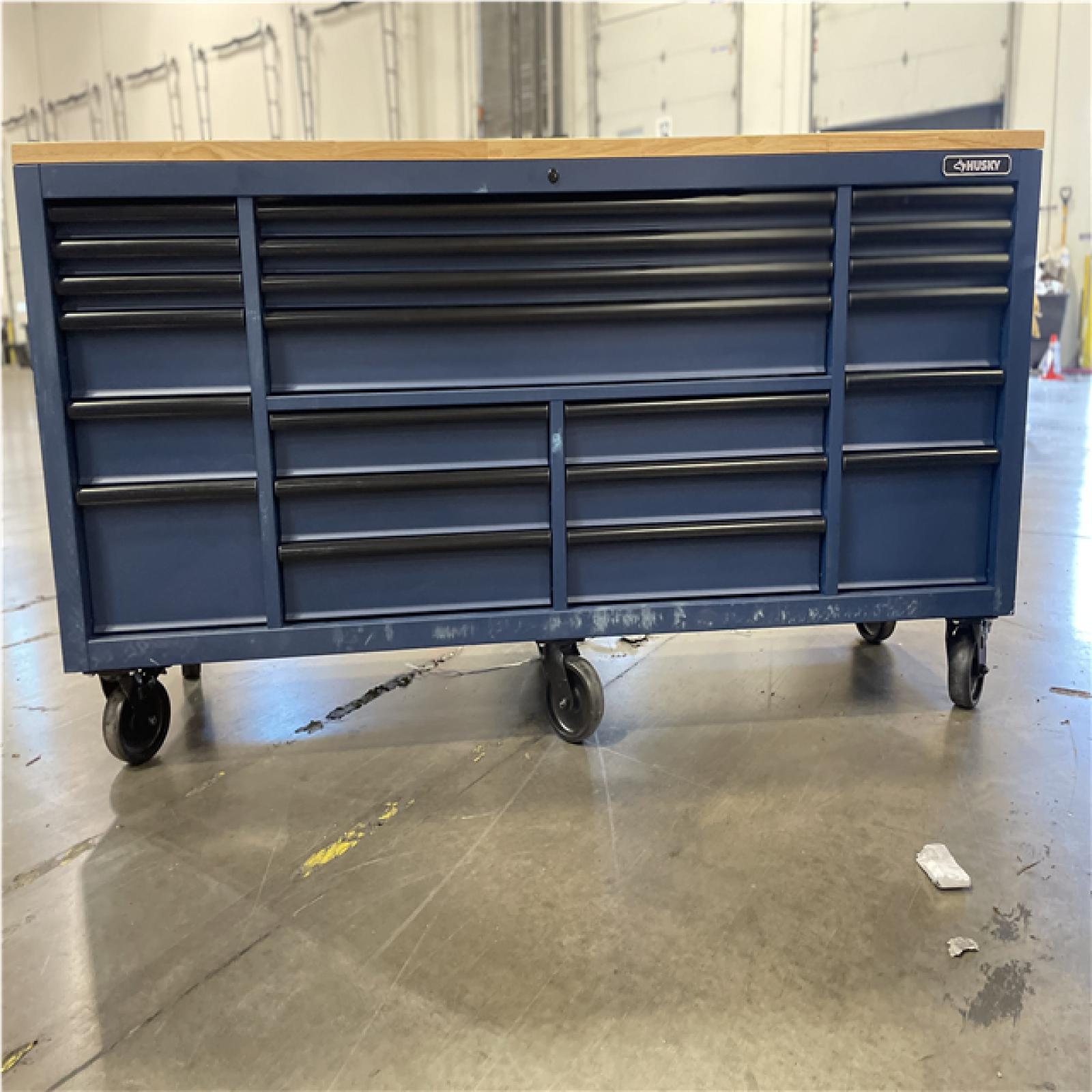 DALLAS LOCATION- AS-IS Husky Tool Storage Heavy Duty 84 in. W x 24 in. D Matte Blue Mobile Workbench Cabinet