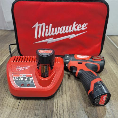 AS-IS MILWAUKEE M12 12V Lithium-Ion Cordless 3/8 in. Drill/Driver Kit with Two 1.5 Ah Batteries, Charger and Tool Bag
