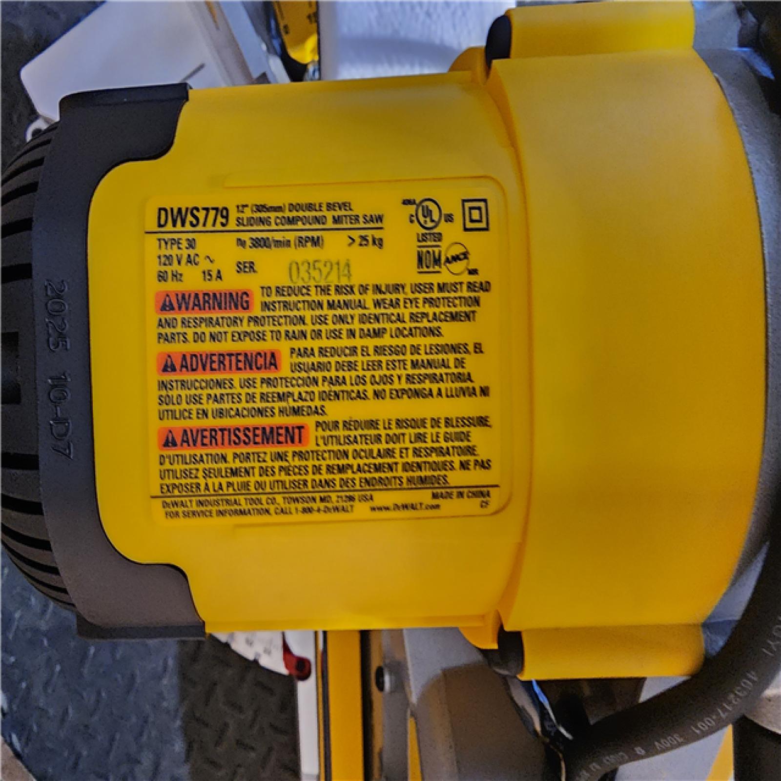 HOUSTON LOCATION - AS-IS (APPEARS LIKE NEW) DEWALT 15 Amp Corded 12 in. Double Bevel Sliding Compound Miter Saw, Blade Wrench and Material Clamp