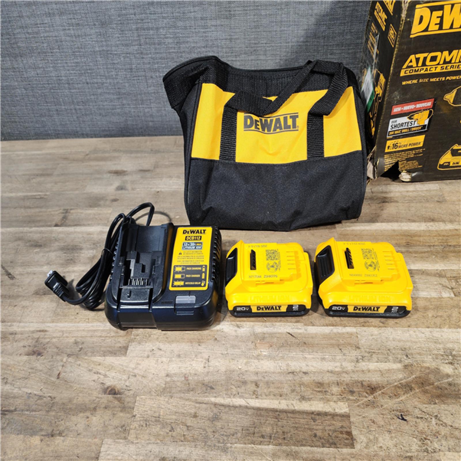 HOUSTON LOCATION - AS-IS Dewalt DCK225D2 20V MAX ATOMIC Brushless Compact Lithium-Ion 1/2 in. Cordless Drill Driver and 1/4 in. Impact Driver Combo Kit with 2 Batteries 2 Ah