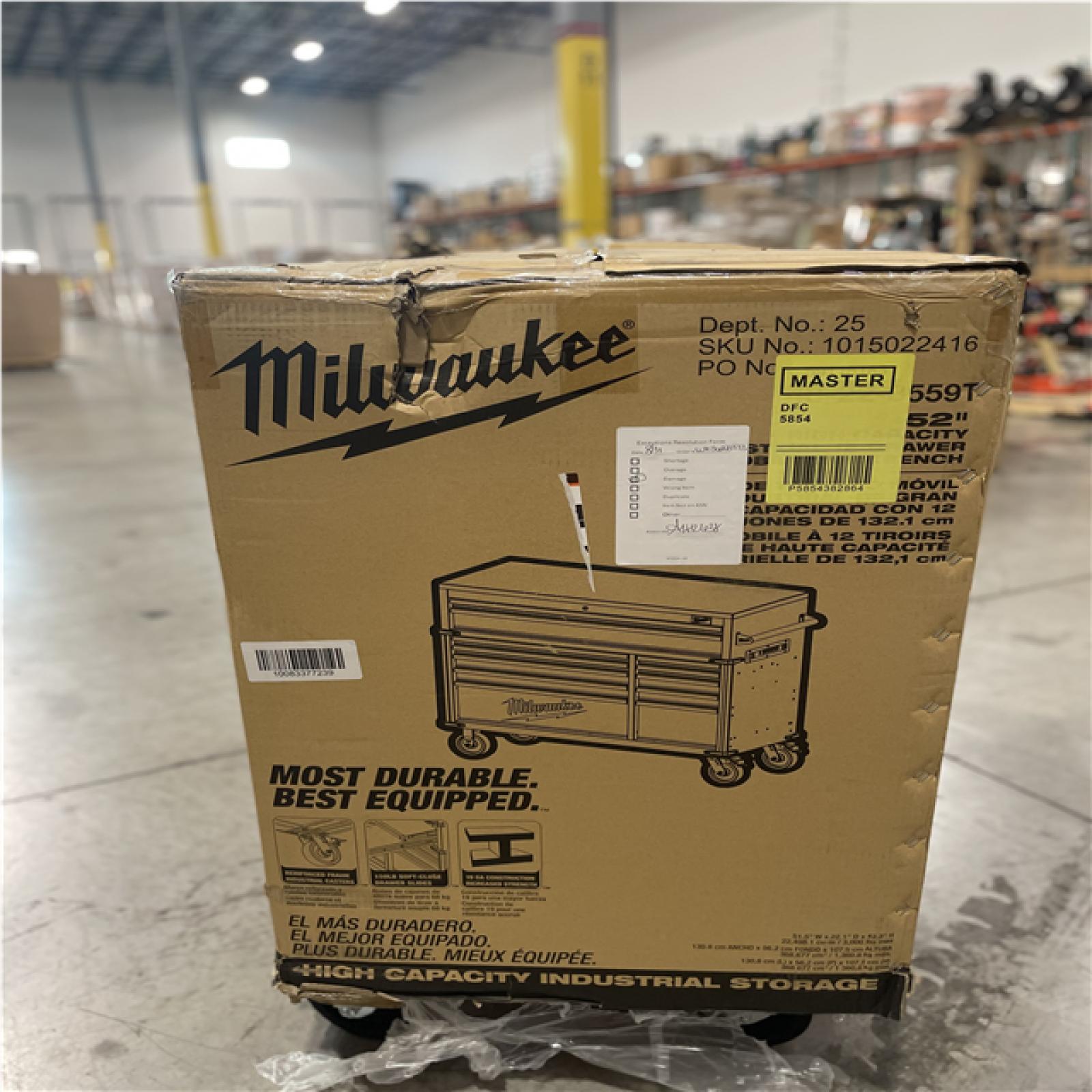 DALLAS LOCATION- AS-IS MILWAUKEE High Capacity 52 in. W x 22.1 in. D 12-Drawer Mobile Workbench Cabinet w/ Wood Top