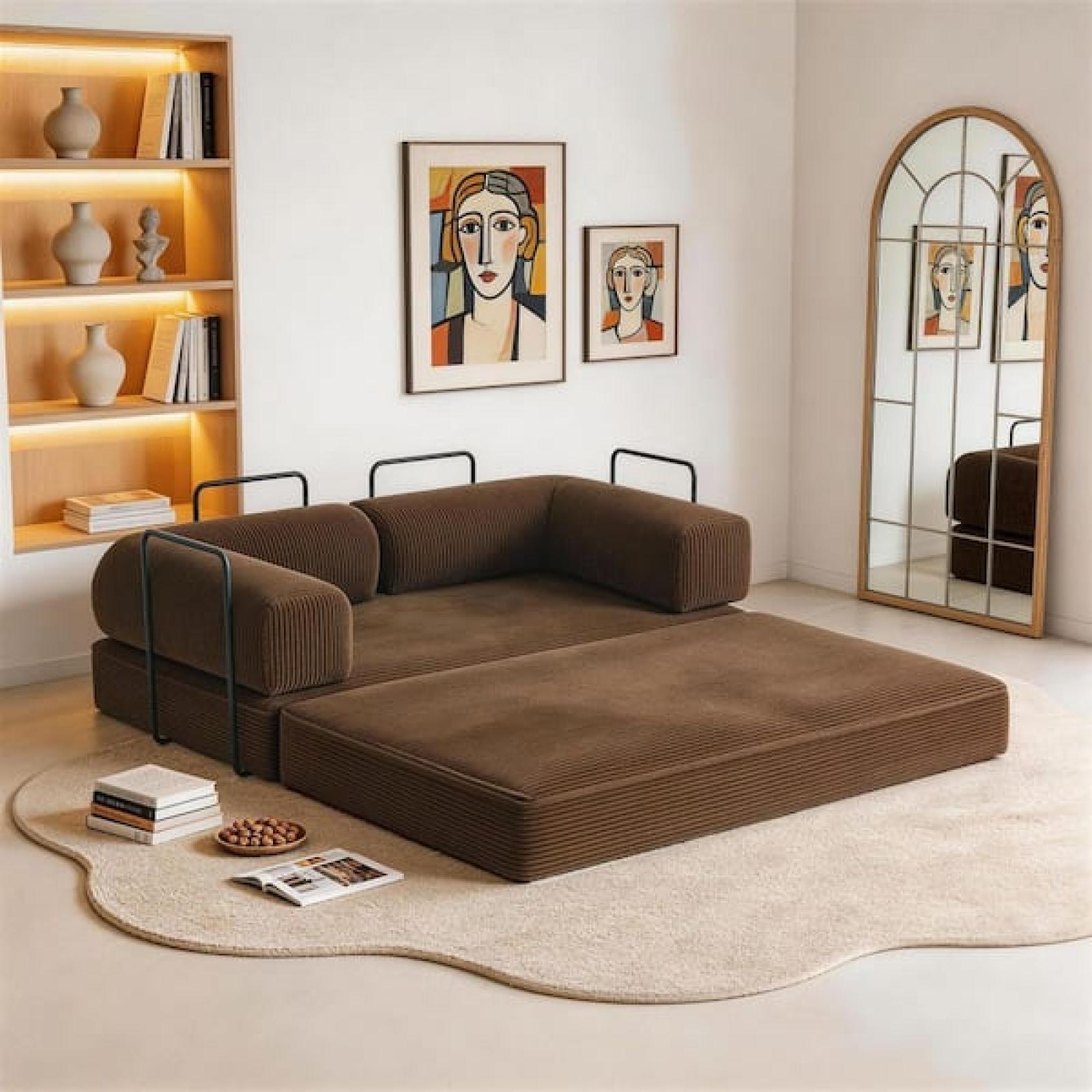 Phoenix NEW Uixe 63 in. Brown Corduroy Full Size Convertible Sofa Bed with Adjustable cushion and Pillows(Set of 1)