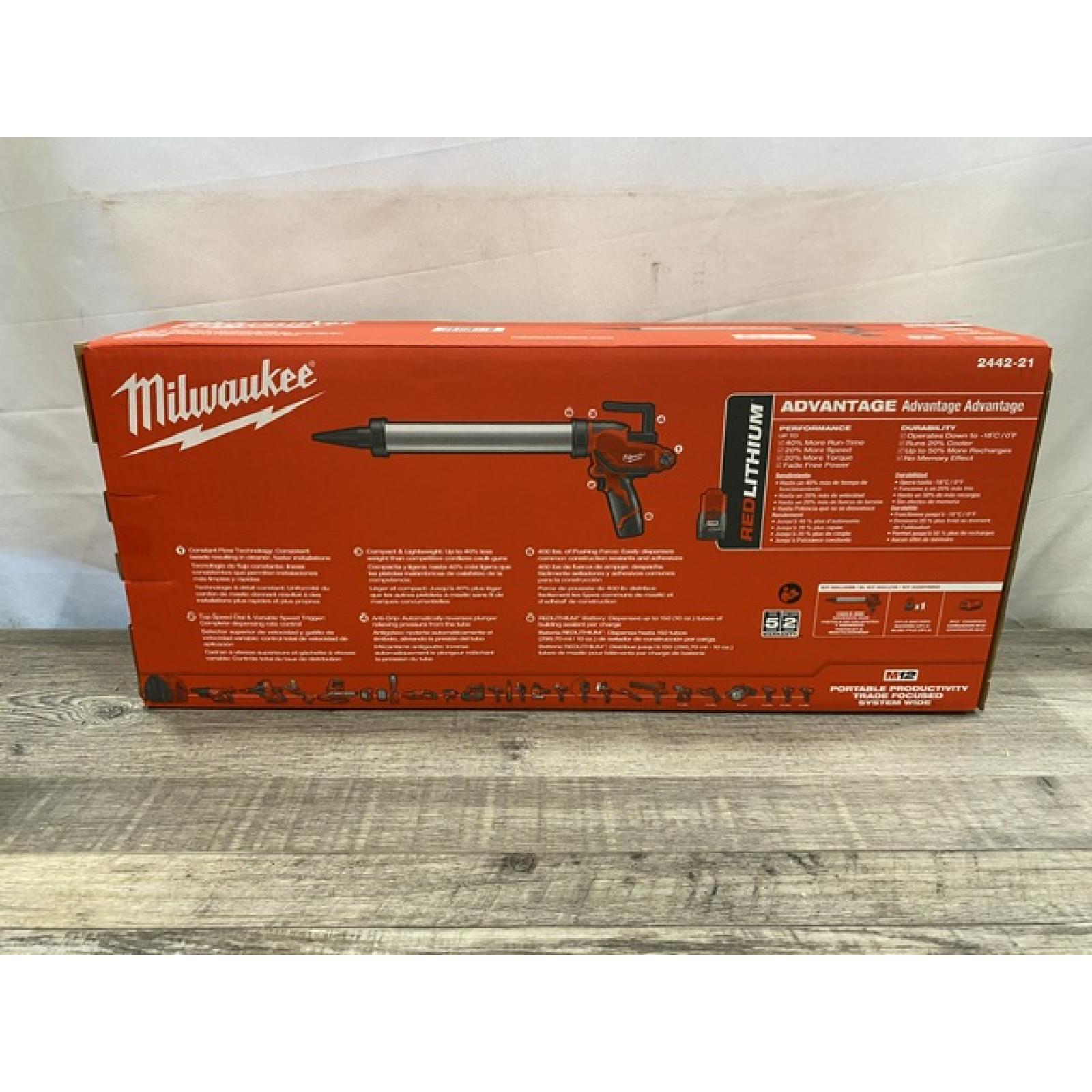 NEW - Milwaukee 12V Lithium-ion Cordless 20 oz. Aluminum Barrel Adhesive and Caulk Gun Kit
