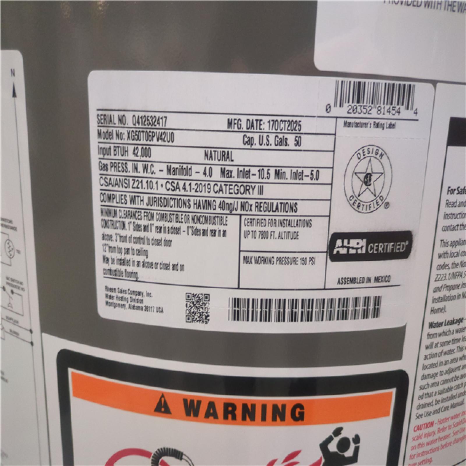 California AS-IS Rheem Water Heater