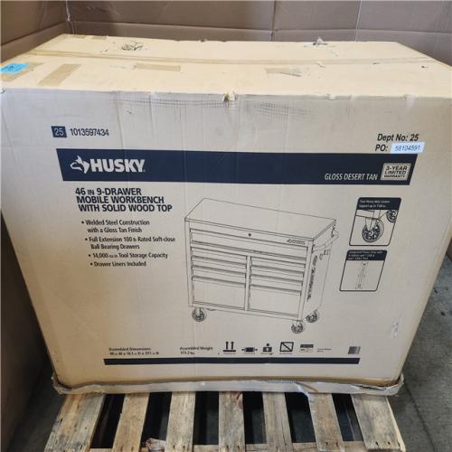 Phoenix NEW Husky Standard Duty 46 in. W x 18 in. D 9-Drawer Gloss Tan Mobile Workbench Cabinet with Solid Wood Top