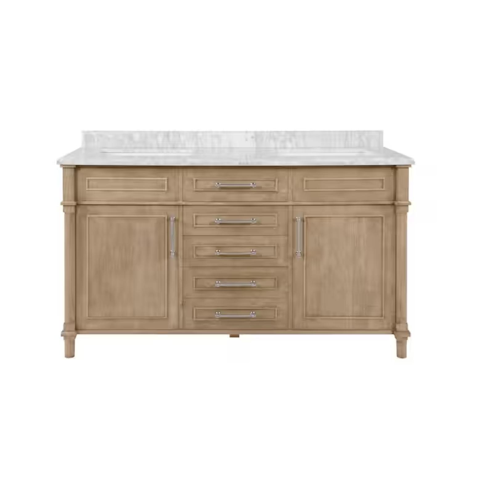 DALLAS LOCATION - Home Decorators Collection Aberdeen 60 in. Double Sink Antique Oak Bath Vanity with Carrara Marble Top (Assembled)