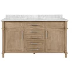 DALLAS LOCATION - Home Decorators Collection Aberdeen 60 in. Double Sink Antique Oak Bath Vanity with Carrara Marble Top (Assembled)