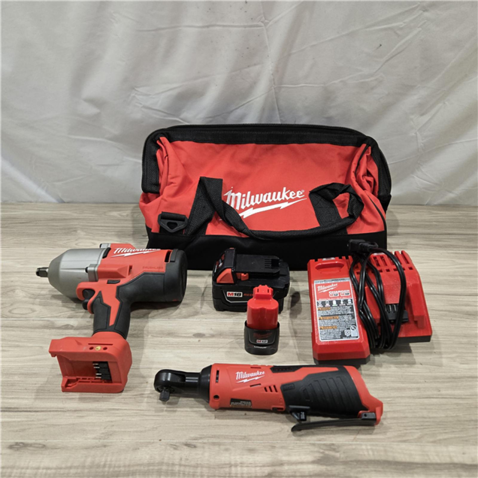 AS-IS Milwaukee M12/M18 12/18V Cordless 3/8 in. Ratchet and 1/2 in. High Torque Impact Wrench Combo Kit