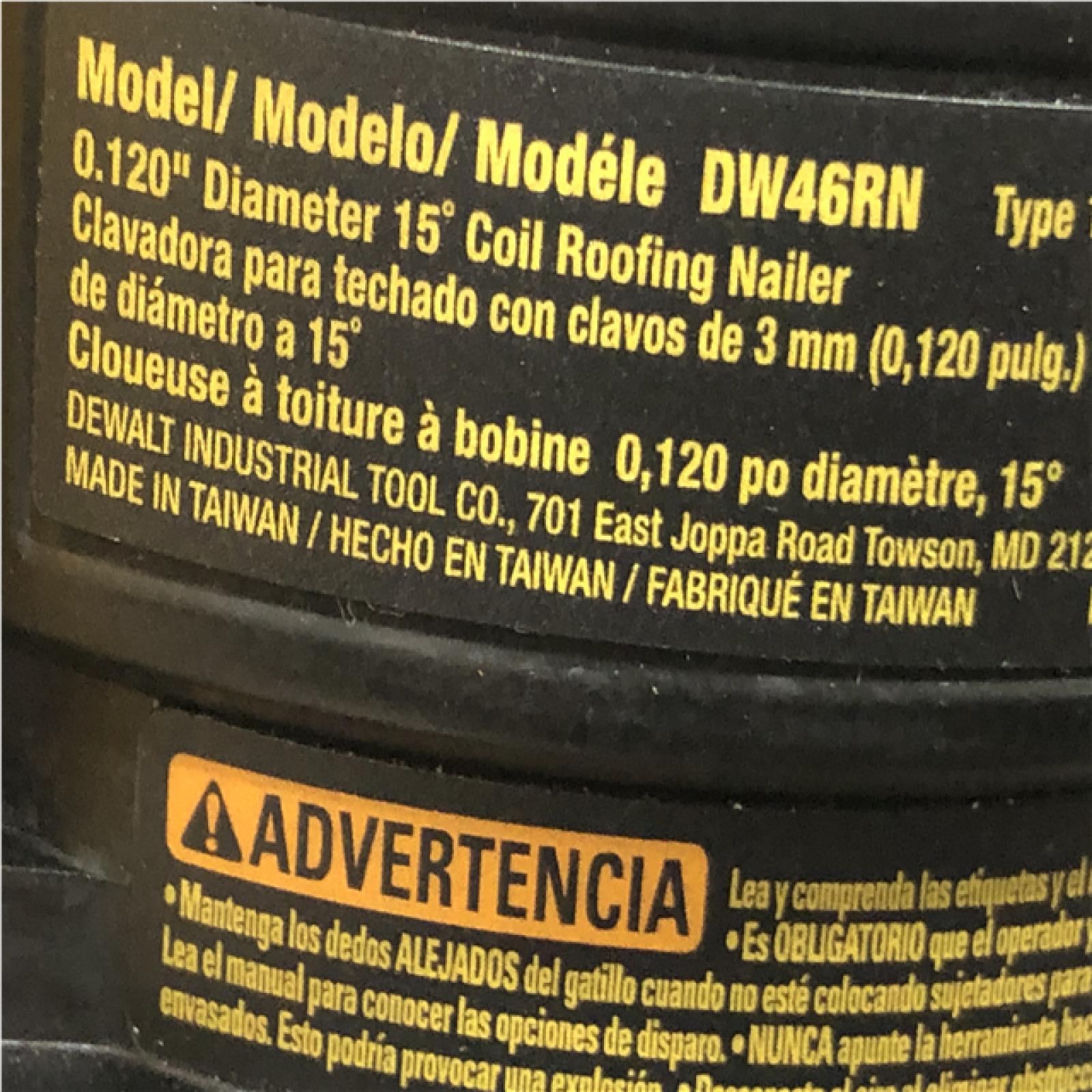 AS-IS DEWALT 1-3/4 in. 15 Degree Pneumatic Coil Roofing Nailer