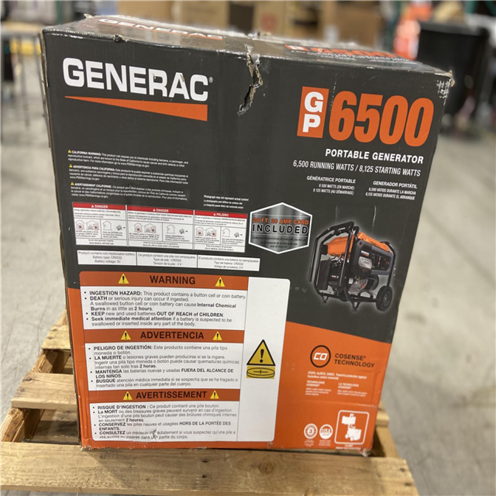 DALLAS LOCATION - Generac 8125 / 6500-Watt Gasoline Powered Portable Generator with COSense and 20 ft. Extension Cord Included