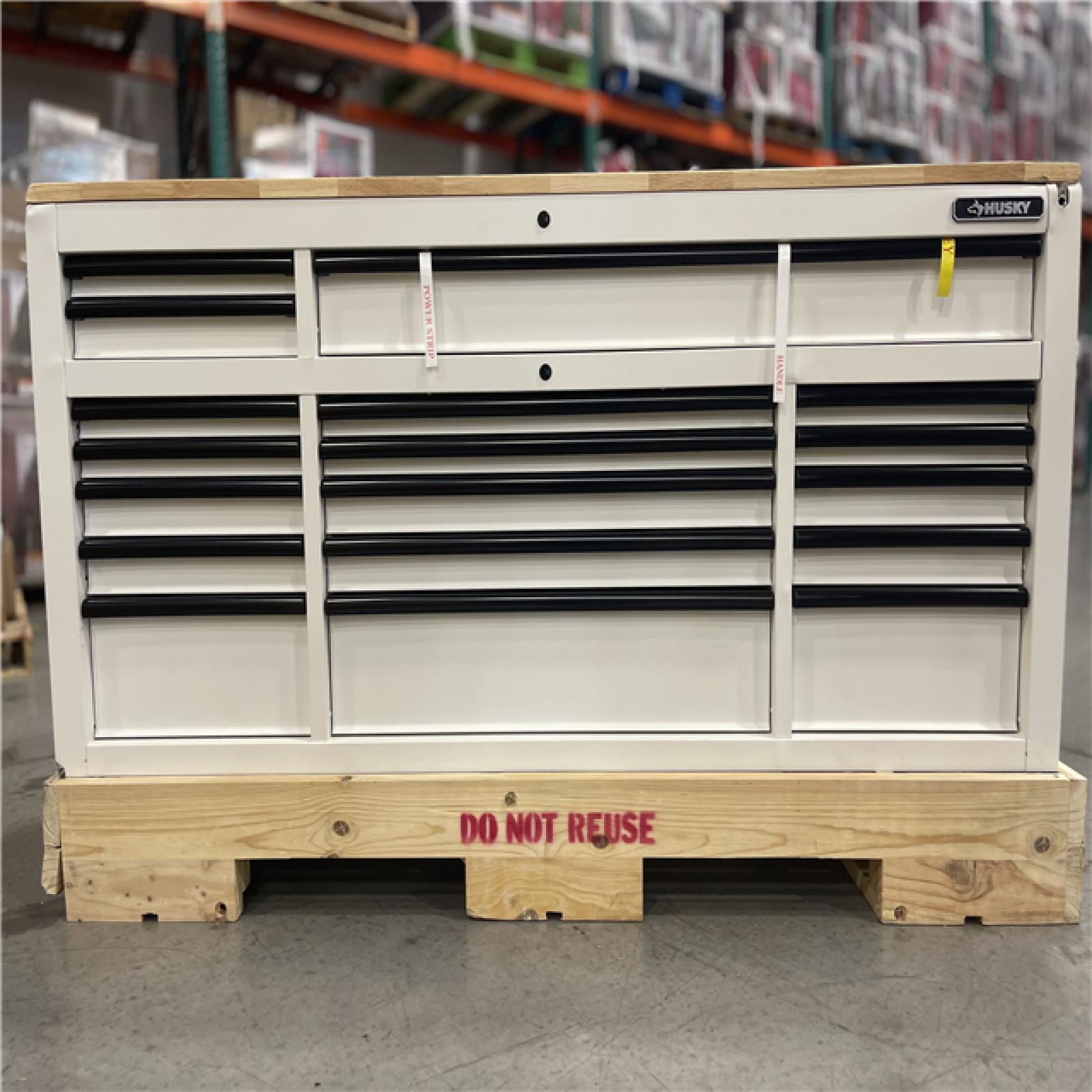 DALLAS LOCATION- AS IS! Husky Tool Storage 72 in. W x 24 in. D 18-Drawer Heavy Duty Adjustable Height Mobile Workbench Cabinet in Matte White