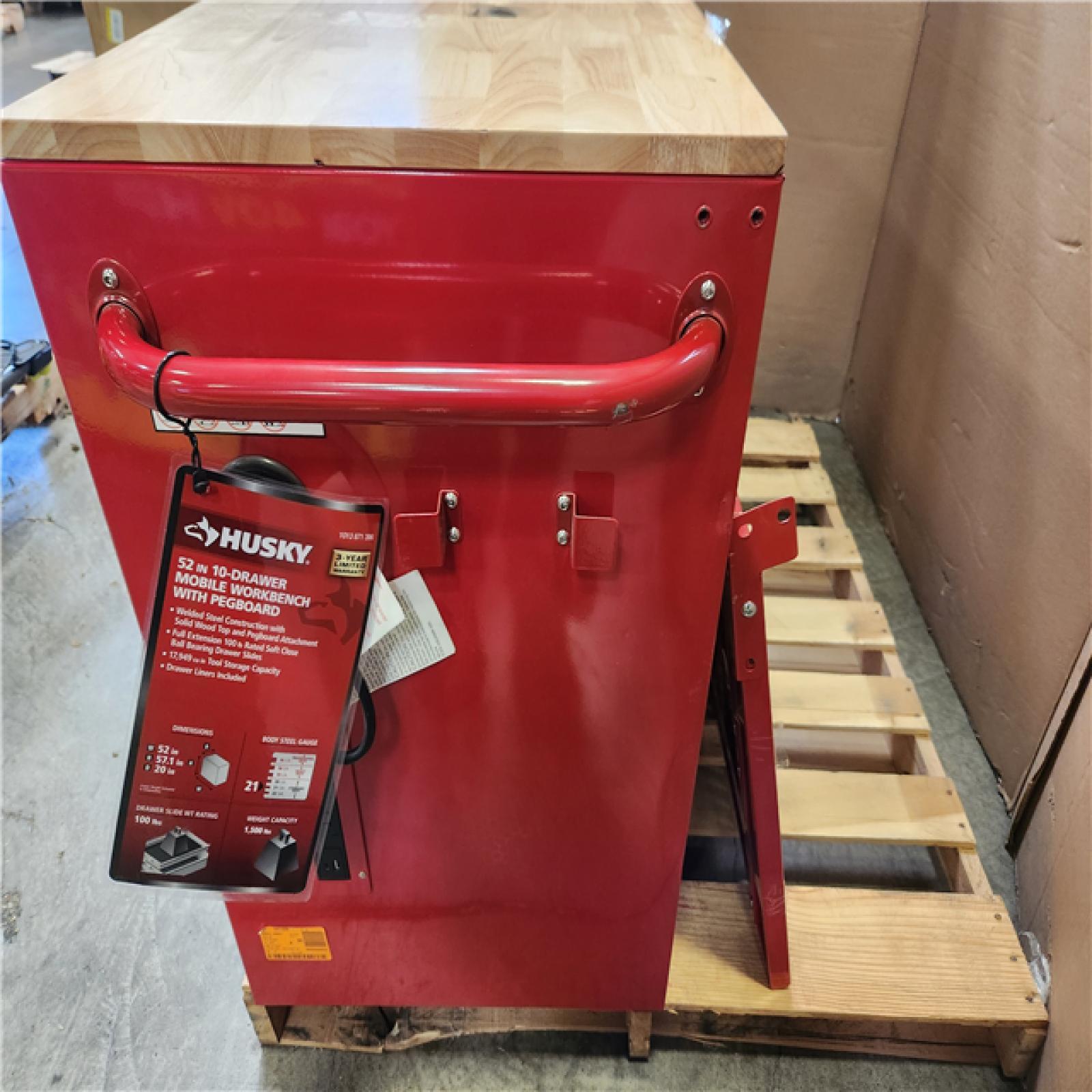 Phoenix Husky 52 in. W 10-Drawer Gloss Red Mobile Workbench Cabinet with Solid Wood Top and Pegboard
