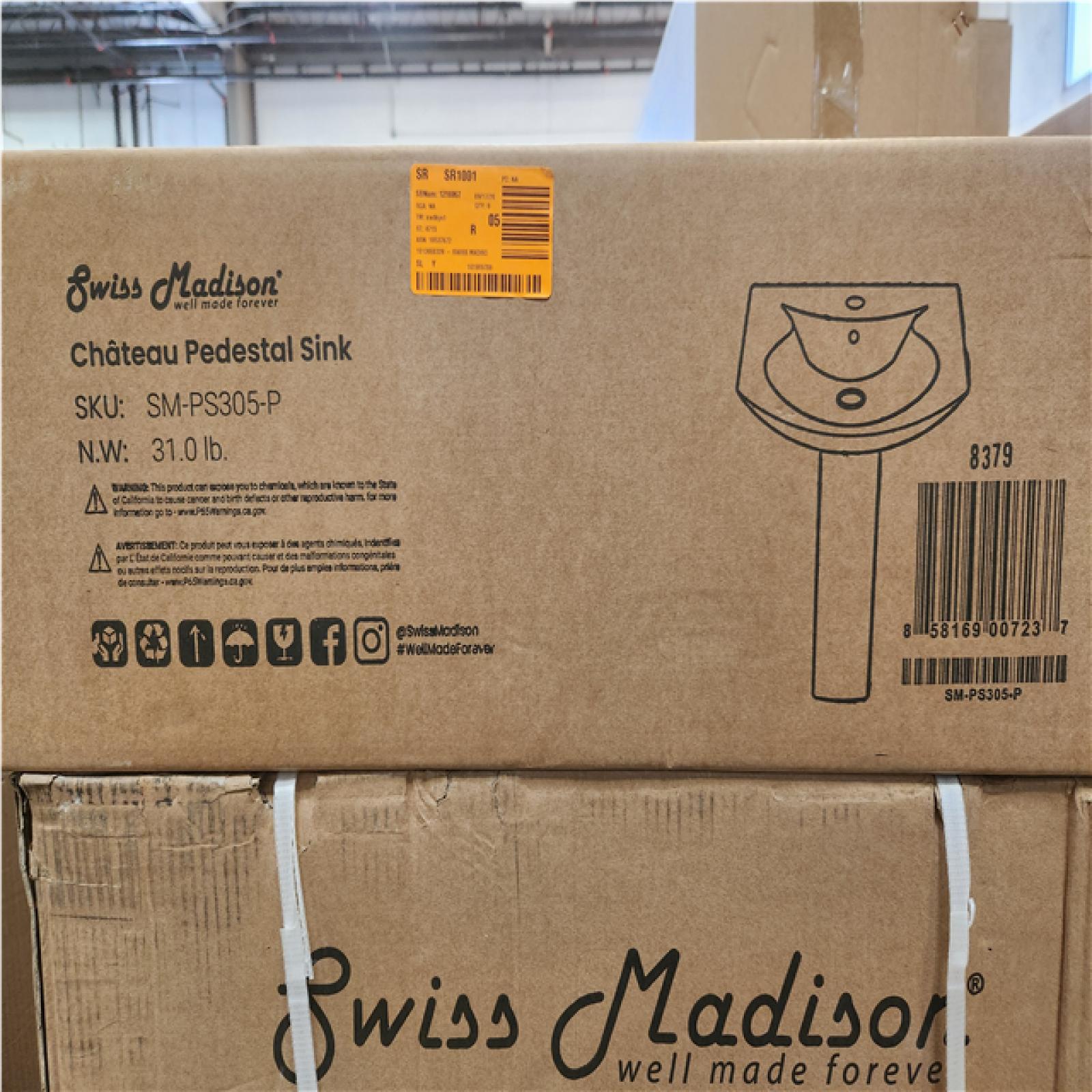 Phoenix NEW Swiss Madison Chateau 25.6 in. Pedestal Ceramic Bathroom Sink Round Single Faucet Hole in White Pallet of 8 (RV: $906