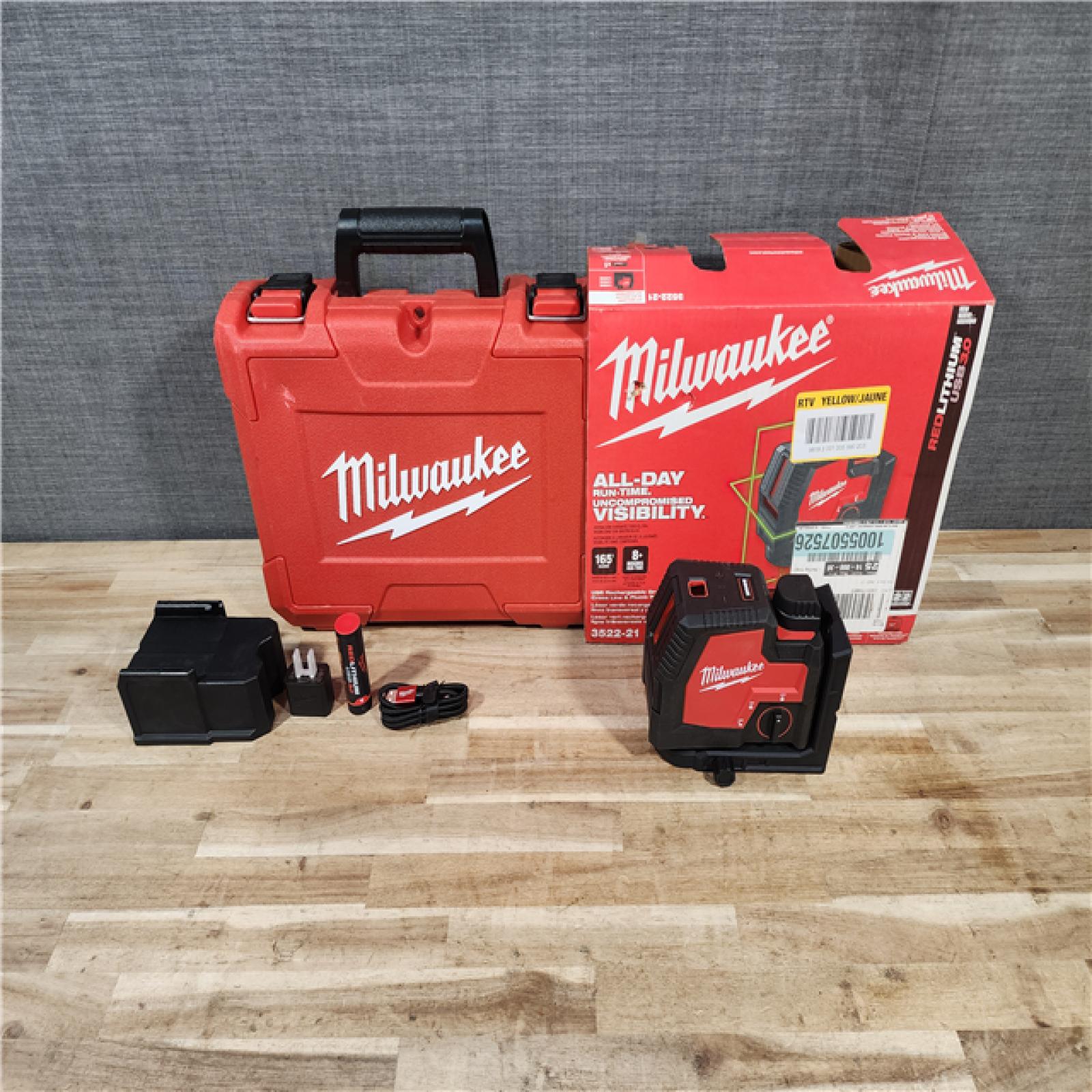 HOUSTON LOCATION - AS-IS Milwaukee Green 100 ft. Cross Line and Plumb Points Rechargeable Laser Level with REDLITHIUM Lithium-Ion USB Battery and Charger