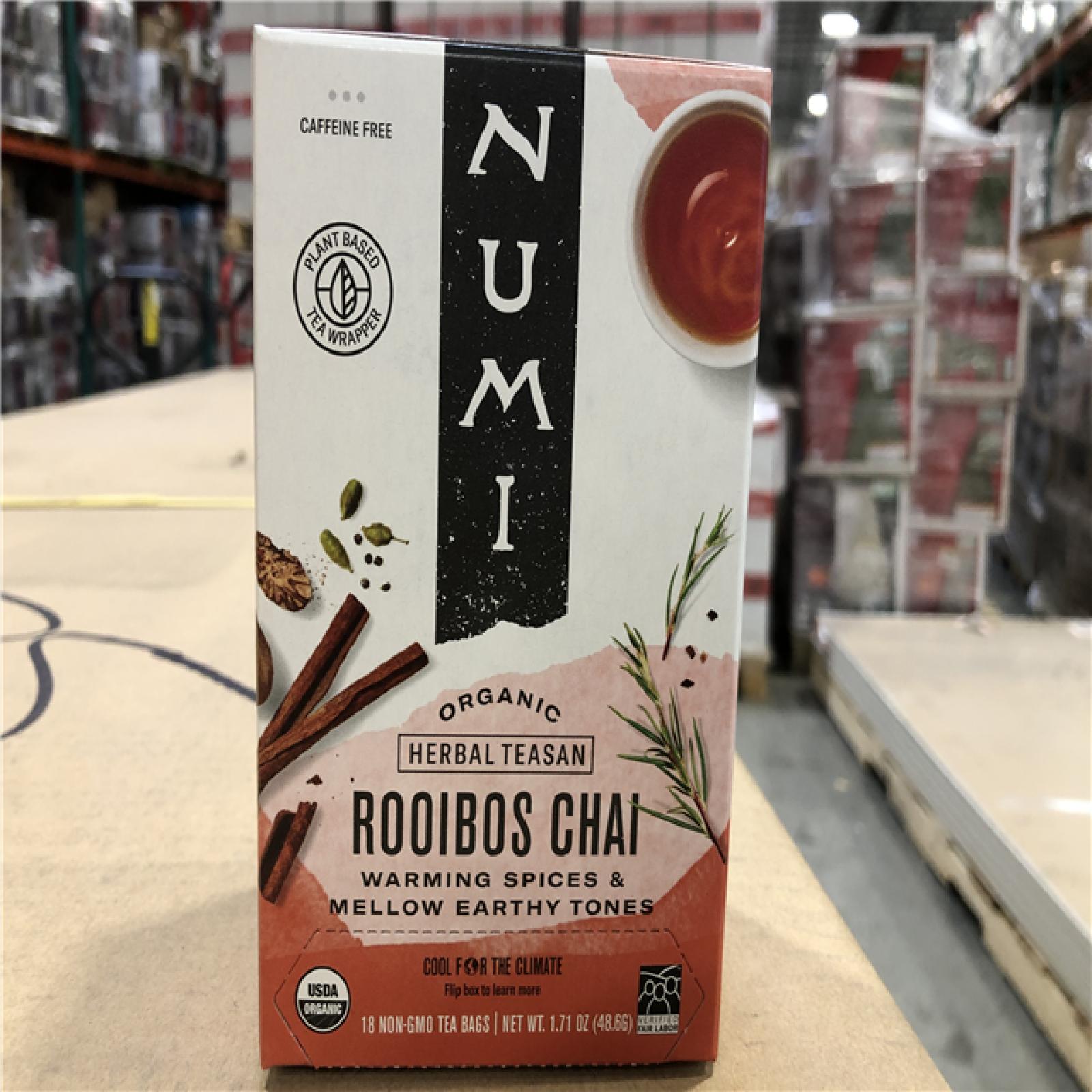 DALLAS LOCATION- NEW!- Numi Organic Rooibos Chai Tea  18 Tea Bags  Red Tea with Cinnamon  Allspice & Ginger  Caffeine Free PALLET (600 UNITS)