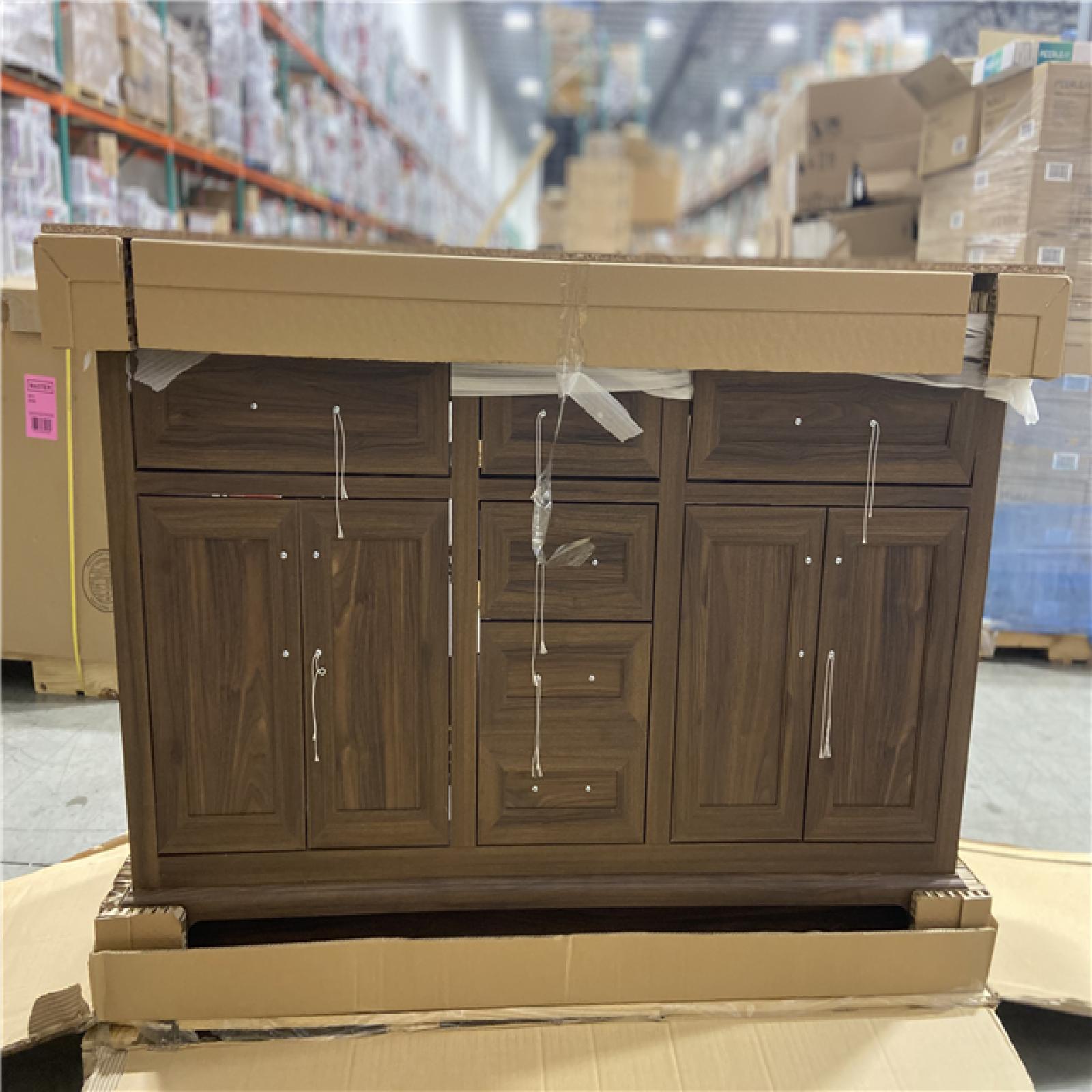 DALLAS LOCATION -  Home Decorators Collection Doveton 60 in. Double Sink Dark Walnut Bath Vanity with White Engineered Marble Top (Assembled)