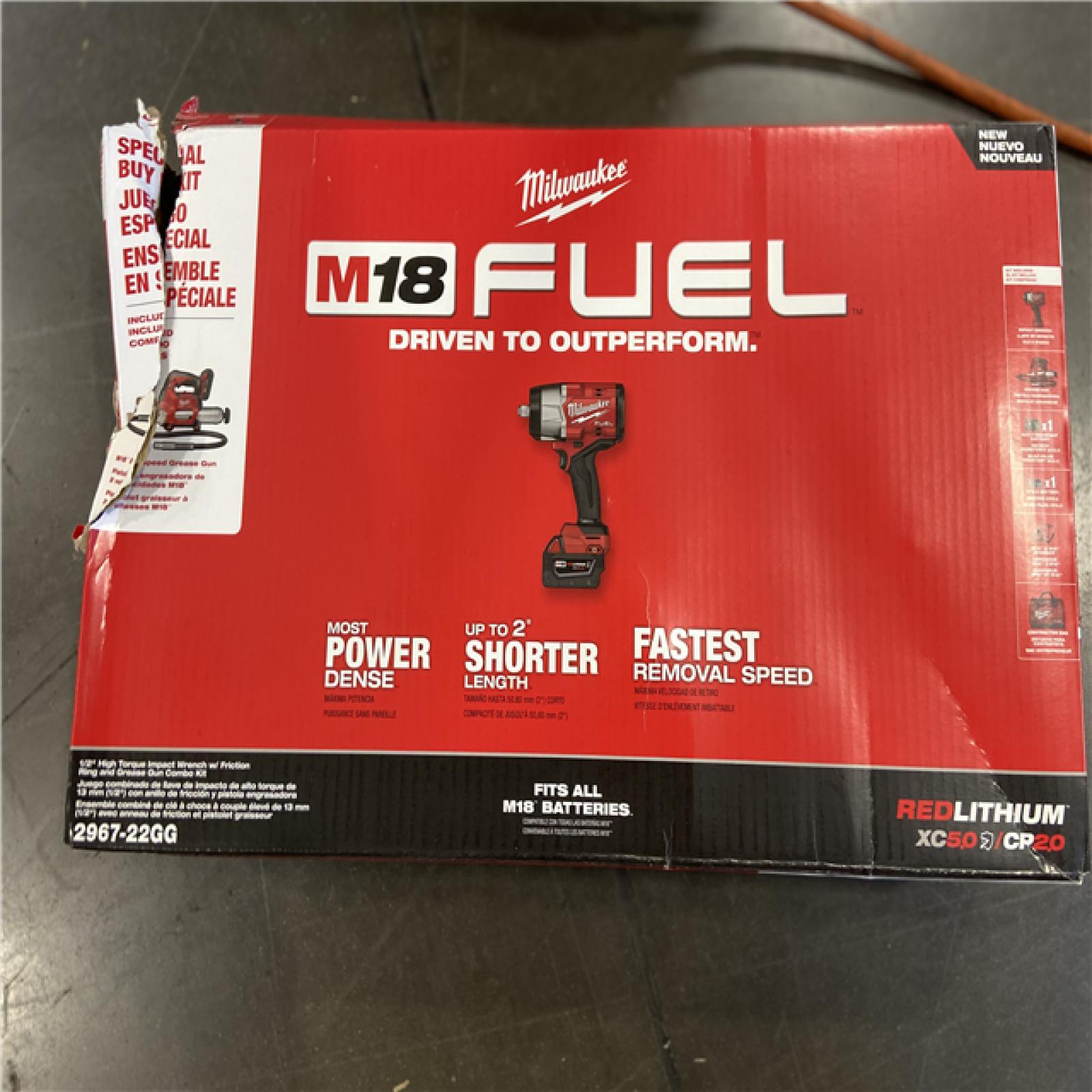 AS-IS Milwaukee M18 FUEL 18V Lithium-Ion Brushless Cordless High Torque 1/2 in. Impact Wrench w/ Friction Ring & Grease Gun Combo Kit