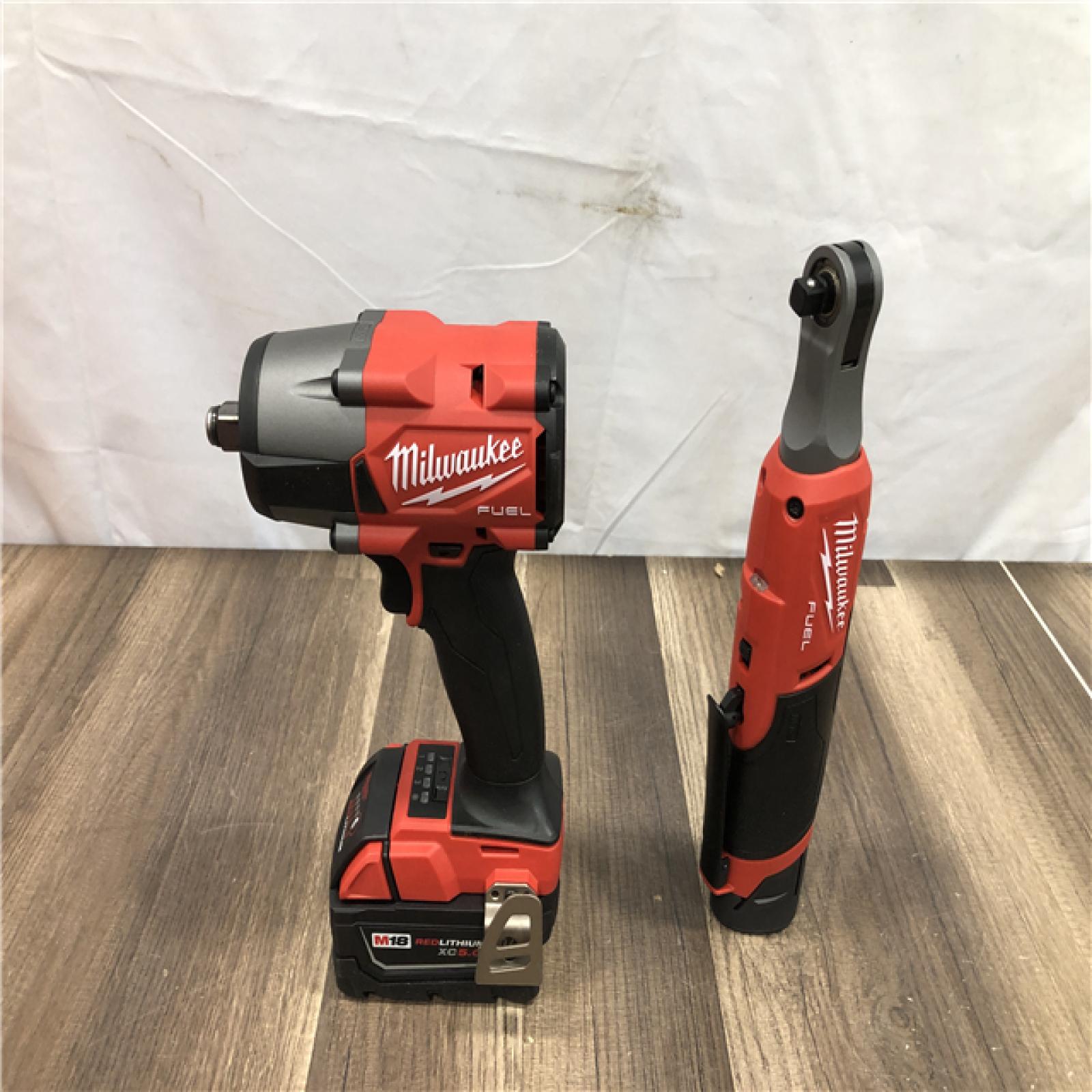 AS-IS Milwaukee FUEL 18V Cordless Mid Torque 1/2 in. Impact Wrench w/ M12 FUEL 3/8 in. Ratchet & Battery/Charger Combo Kit