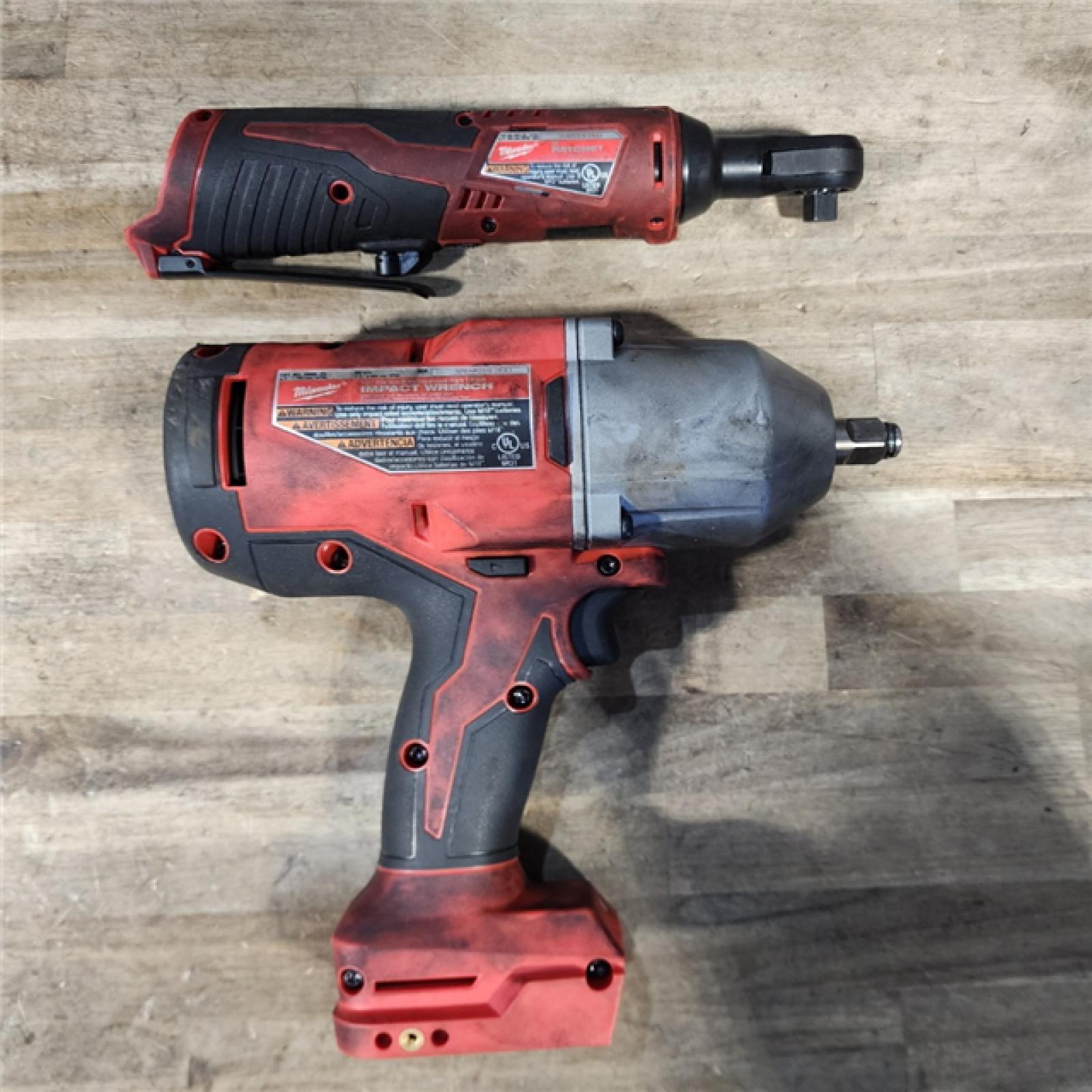 HOUSTON LOCATION - AS-IS Milwaukee M12/M18 12/18V Lithium-Ion Cordless 3/8 in. Ratchet and 1/2 in. High Torque Impact Wrench with Friction Ring Combo Kit