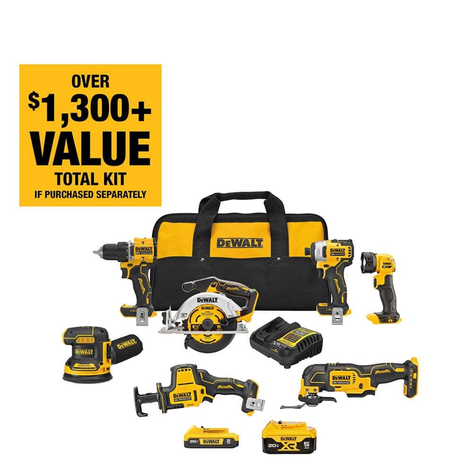 AS-IS DEWALT 20-Volt MAX Lithium-Ion Cordless 7-Tool Combo Kit with 2.0 Ah Battery, 5.0 Ah Battery and Charger