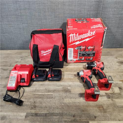 HOUSTON LOCATION - AS-IS Milwaukee M18 18V Lithium-Ion Brushless Cordless Compact Drill/Impact Combo Kit (2-Tool) W/(2) 2.0 Ah Batteries, Charger & Bag