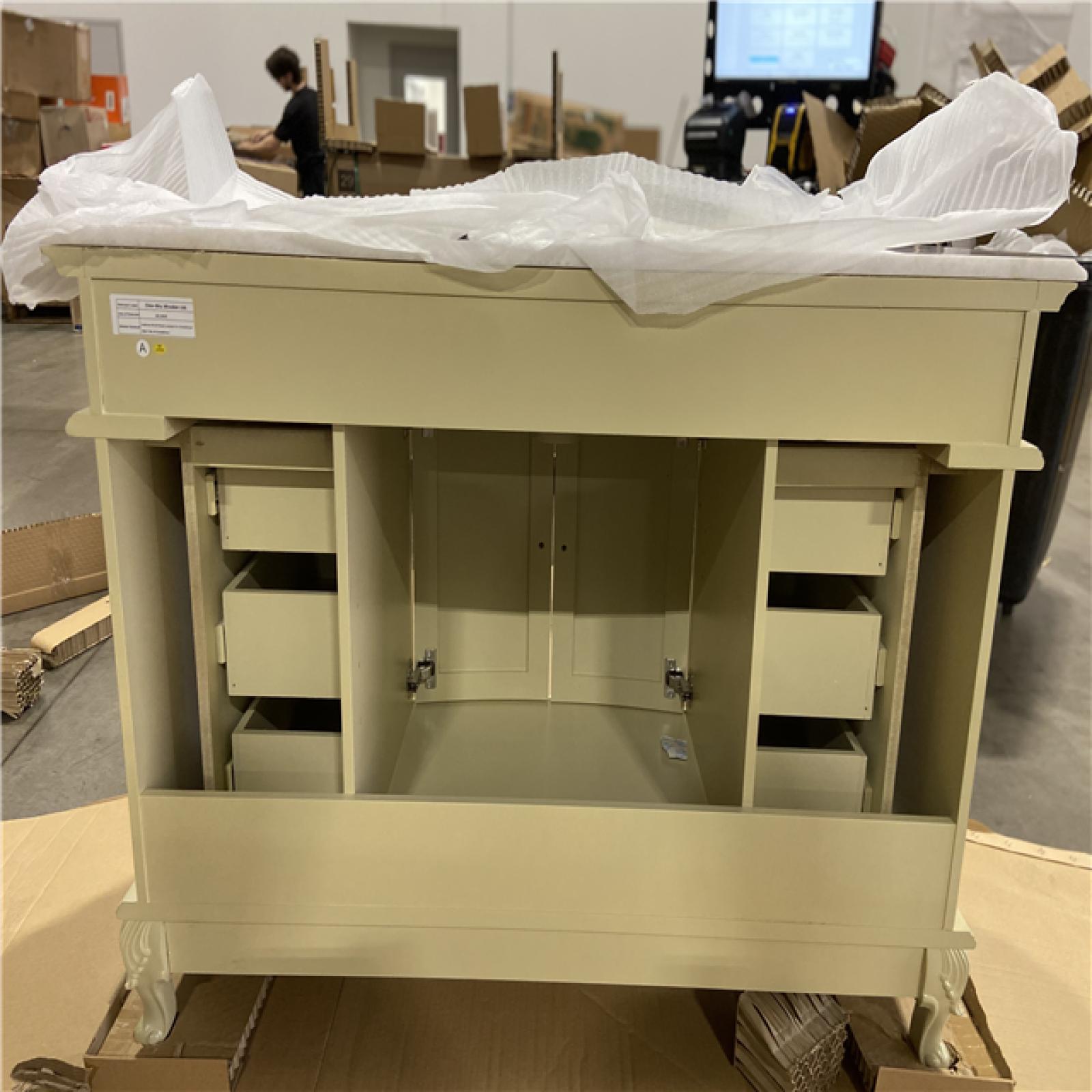 DALLAS LOCATION - Home Decorators Collection Winslow 48 in. W x 22 in. D x 35 in. H Single Sink Freestanding Bath Vanity in Antique White with White Marble Top