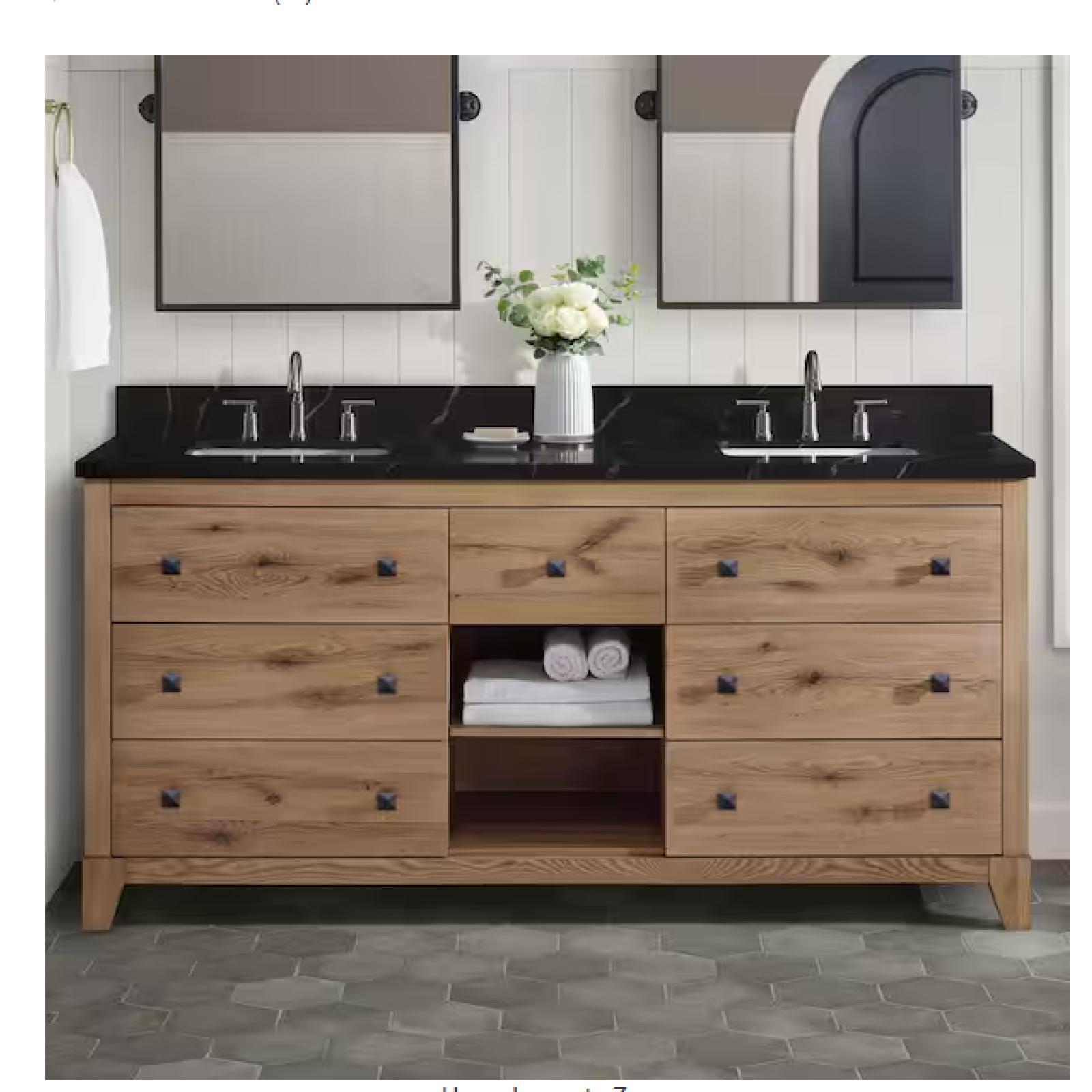 DALLAS LOCATION - Home Decorators Collection Burwood 72 in. Double Sink Seadrift Bath Vanity with Black Marquina Quartz Top (Assembled)