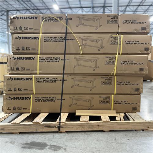 DALLAS LOCATION -Husky 46 in. W x 24 in. D 2-Drawer Adjustable Height White Worktable with Solid Wood Top PALLET-(5 UNITS)