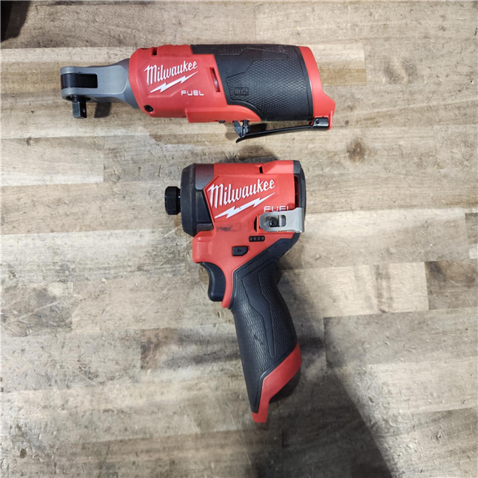 HOUSTON LOCATION - AS-IS Milwaukee M12 FUEL 12V Lithium-Ion Cordless 3/8 in. Ratchet and 1/4 in. Impact Driver Kit