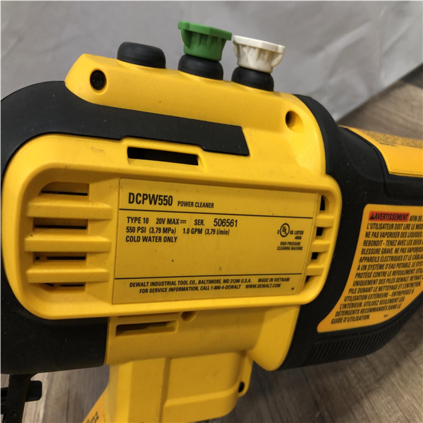 AS-IS DEWALT 20V MAX 550 PSI 1.0 GPM Cold Water Cordless Battery Power Cleaner with 4-Nozzles (Tool Only)