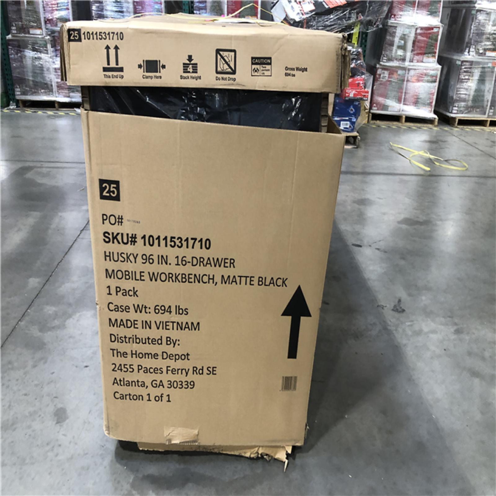 DALLAS LOCATION- AS-IS Husky 96 in. W x 24 in. D 16-Drawer Heavy-Duty Mobile Workbench with Stainless Steel Top in Matte Black