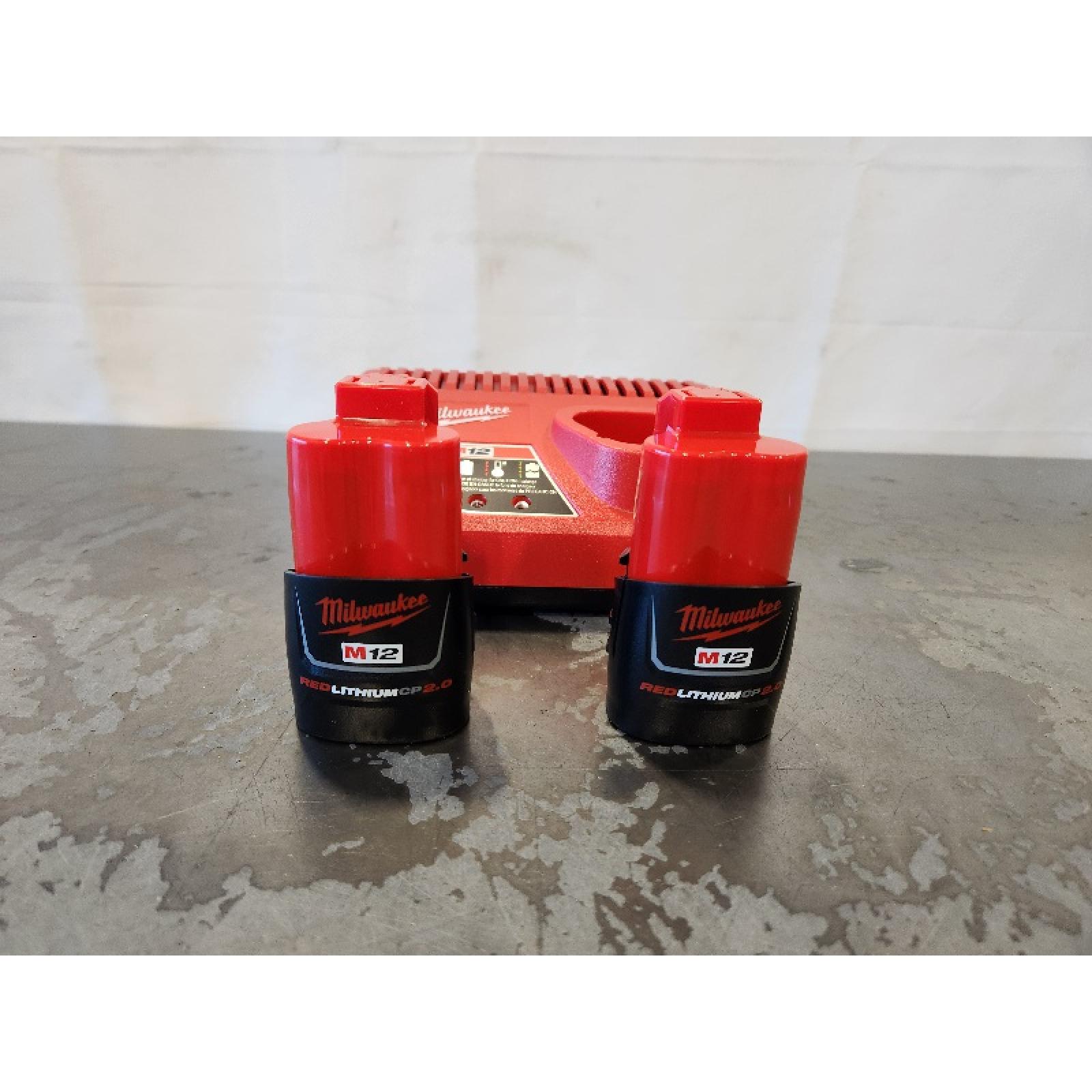 AS-IS- Milwaukee M12 12V Lithium-Ion Compact 2.0 Ah Battery Pack (2-Pack) Starter Kit with Charger