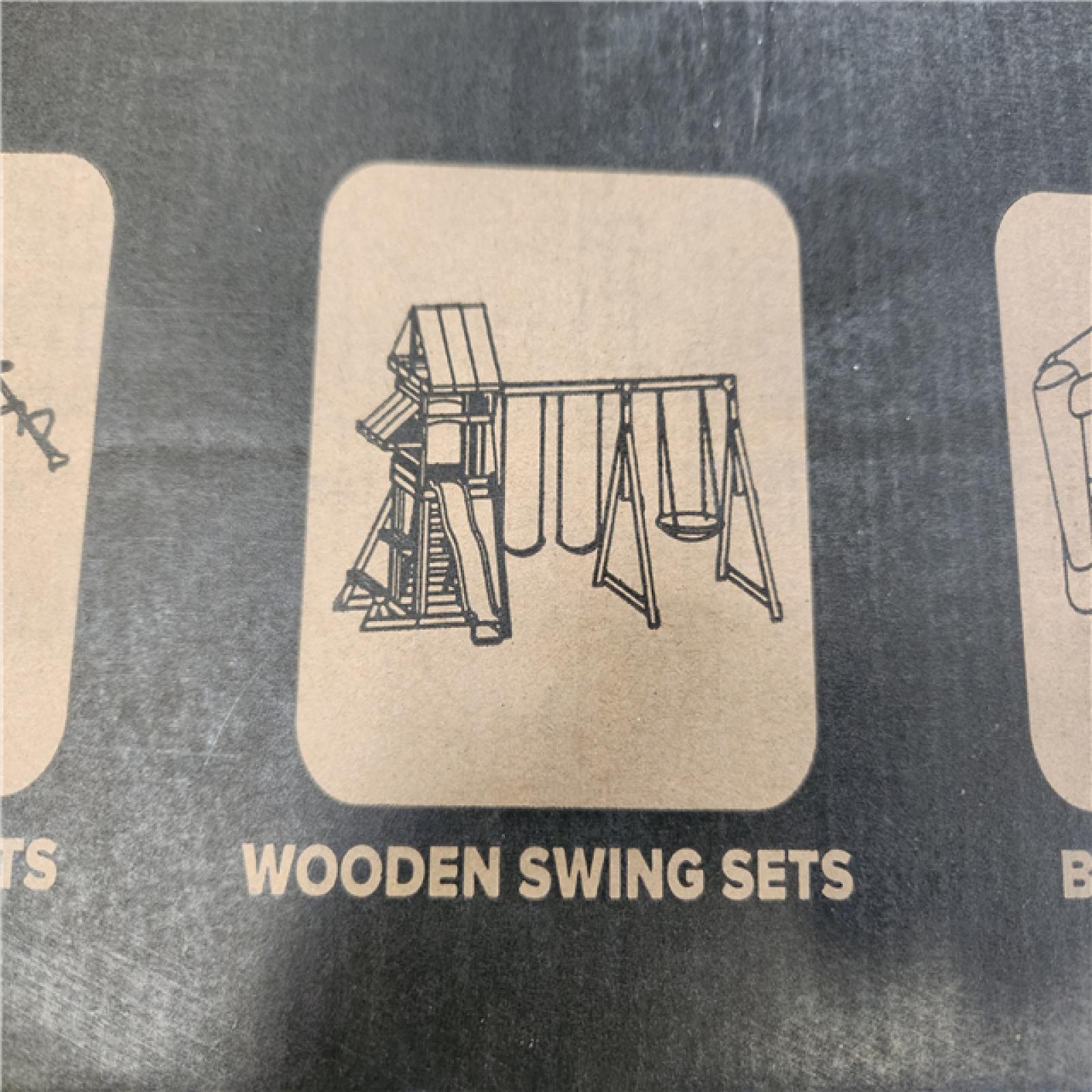 Phoenix NEW SPORTSPOWER Scottsdale Wood Swing Set with Slide  Sandbox and Roofed Play Fort  BONUS Anchor Kit Included for Kids 3-8