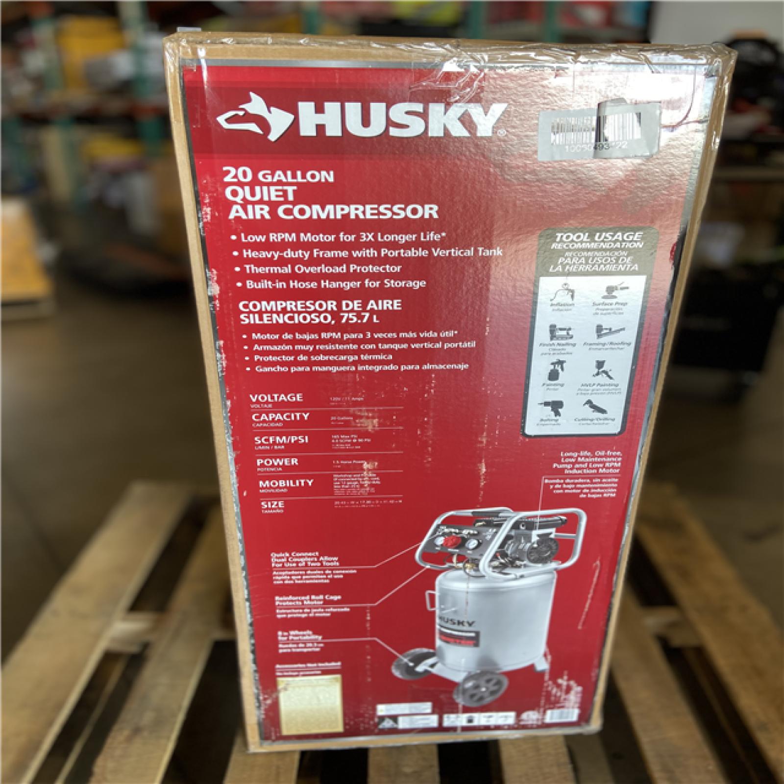 DALLAS LOCATION -  Husky 20 Gal.165 PSI Vertical Electric Oil-Free Quiet Auto/Workshop Air Compressor