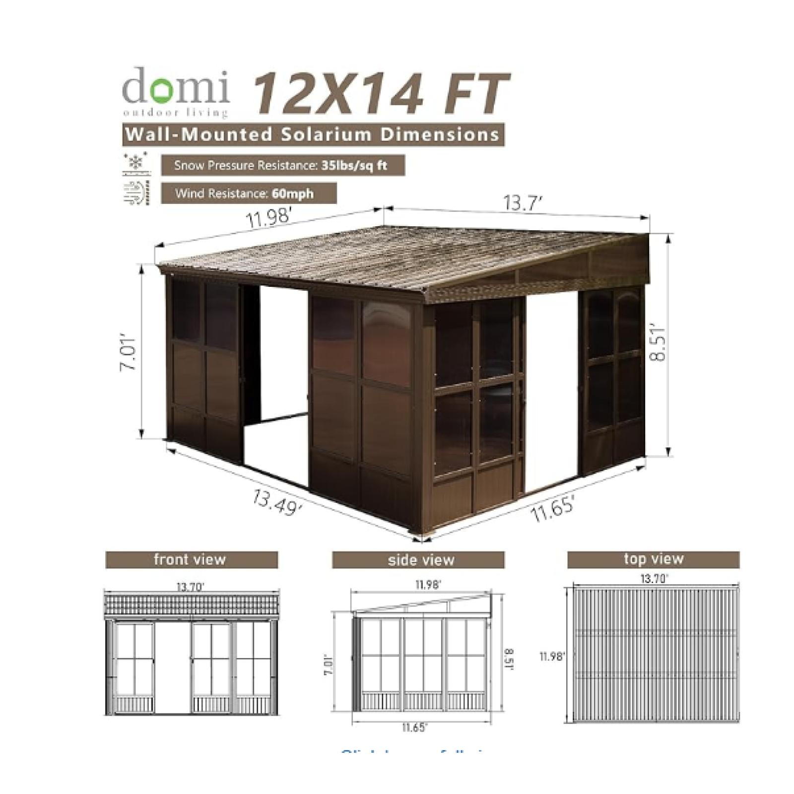NEW! - Domi 12x14FT Wall-Mounted Sunroom Gazebo, Aluminum Solarium with Galvanized Steel Sloping Roof, Detachable PVC Screens, Front & Side Sliding Doors, Outdoor Sun Room Lean to Gazebo for Patio Deck Lawn