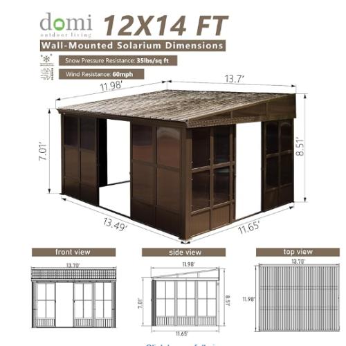 NEW! - Domi 12x14FT Wall-Mounted Sunroom Gazebo, Aluminum Solarium with Galvanized Steel Sloping Roof, Detachable PVC Screens, Front & Side Sliding Doors, Outdoor Sun Room Lean to Gazebo for Patio Deck Lawn